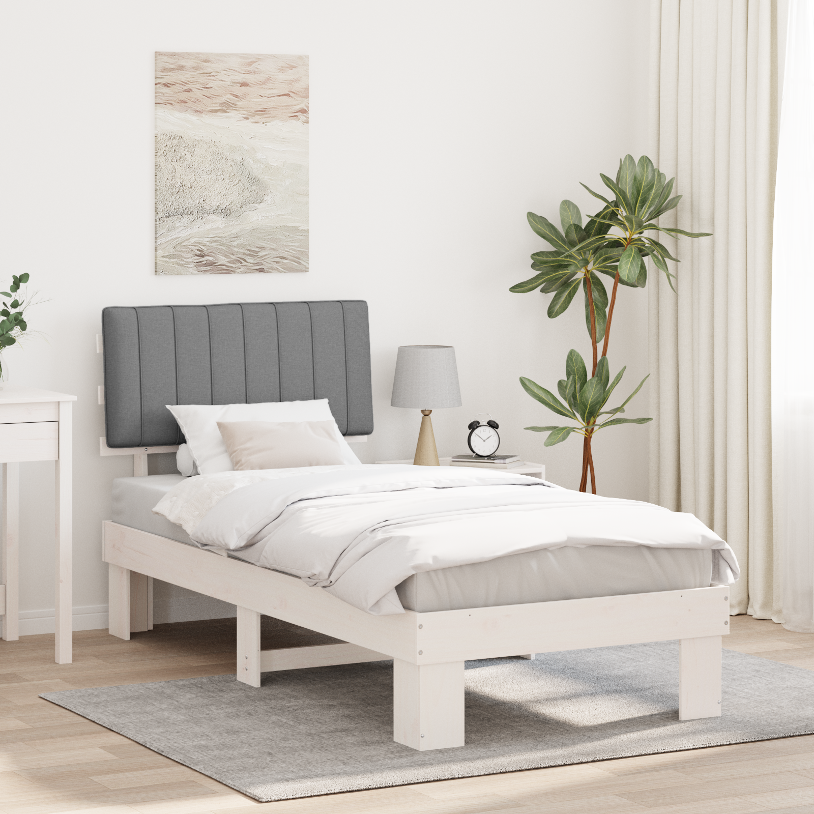 Sängram med Klädd Huvudgavel Ljusgrå 90 x 200 cm Massiv furu