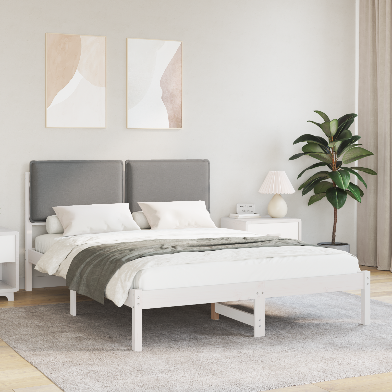 Sängram med Klädd Huvudgavel Ljusgrå 120 x 190 cm Massivt furu