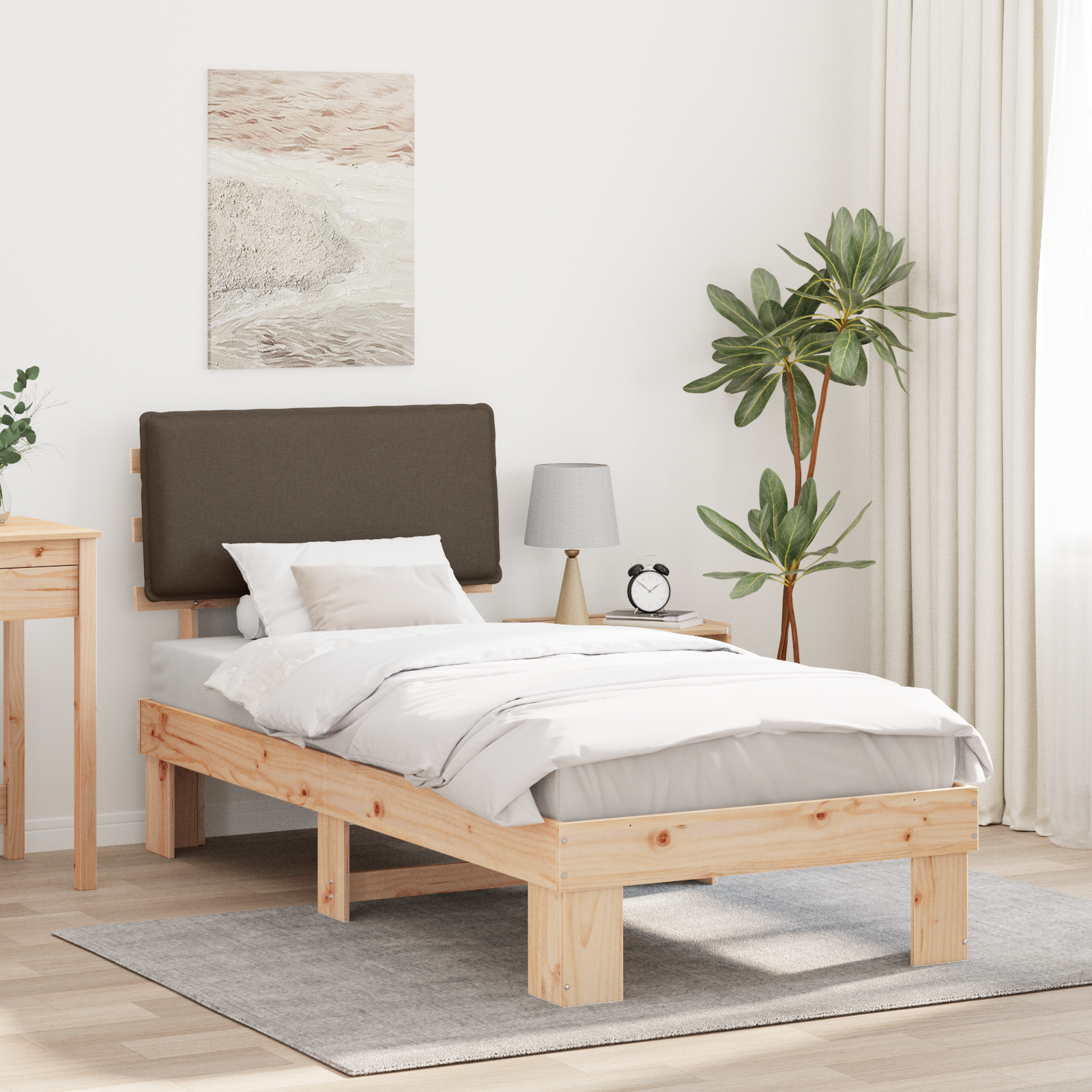 Sängram med Klädd Huvudgavel Taupe 90 x 200 cm Massiv furu