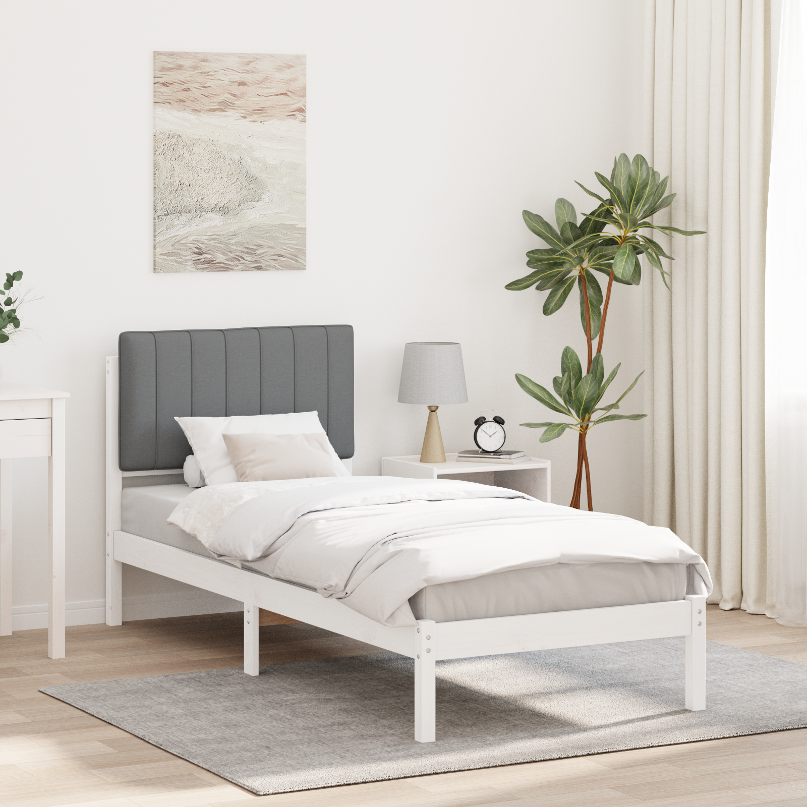 Sängram med Klädd Huvudgavel Ljusgrå 75 x 190 cm Massivt furu