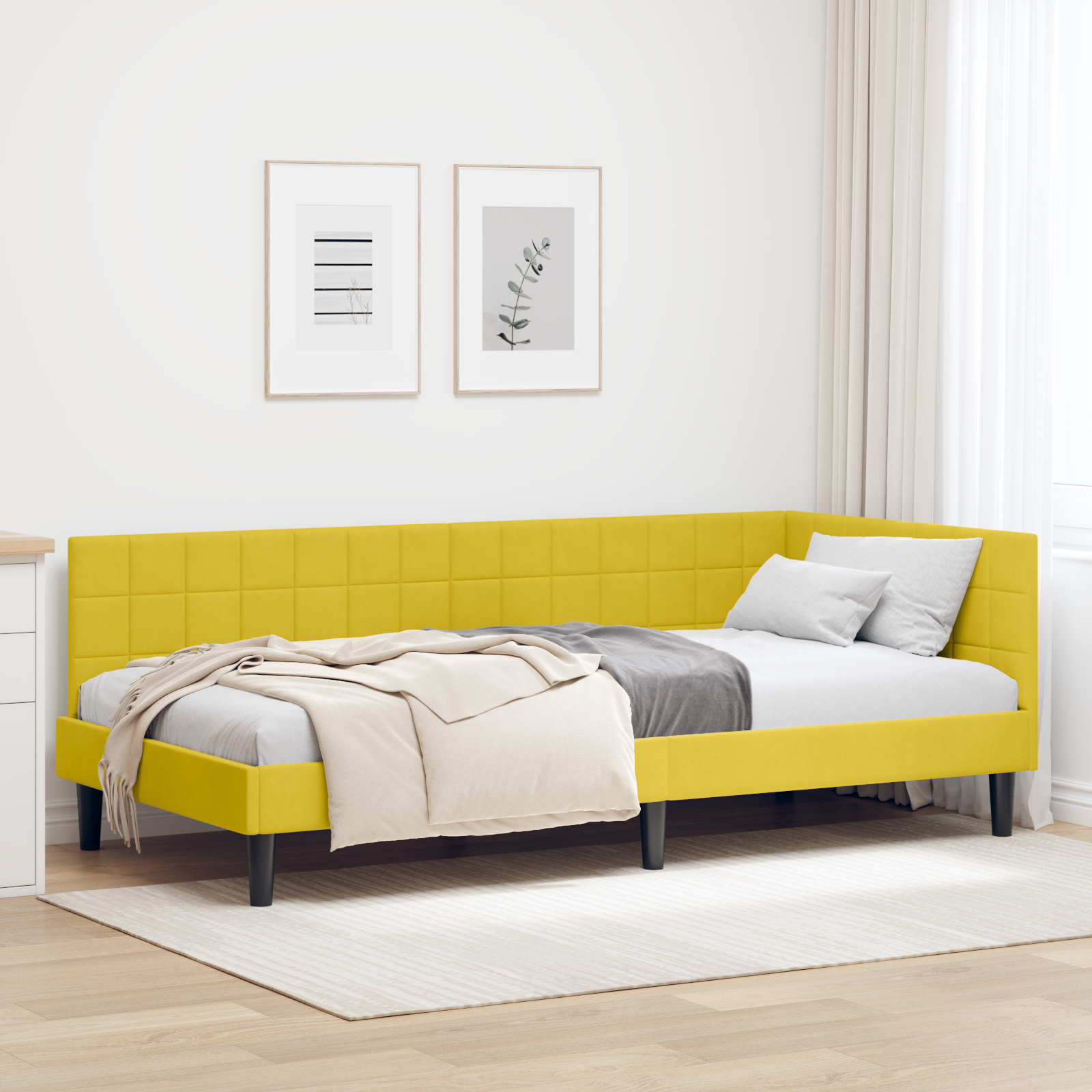 Hörn Sängram med huvudgavel Gul 90 cm x 200 cm Sammet