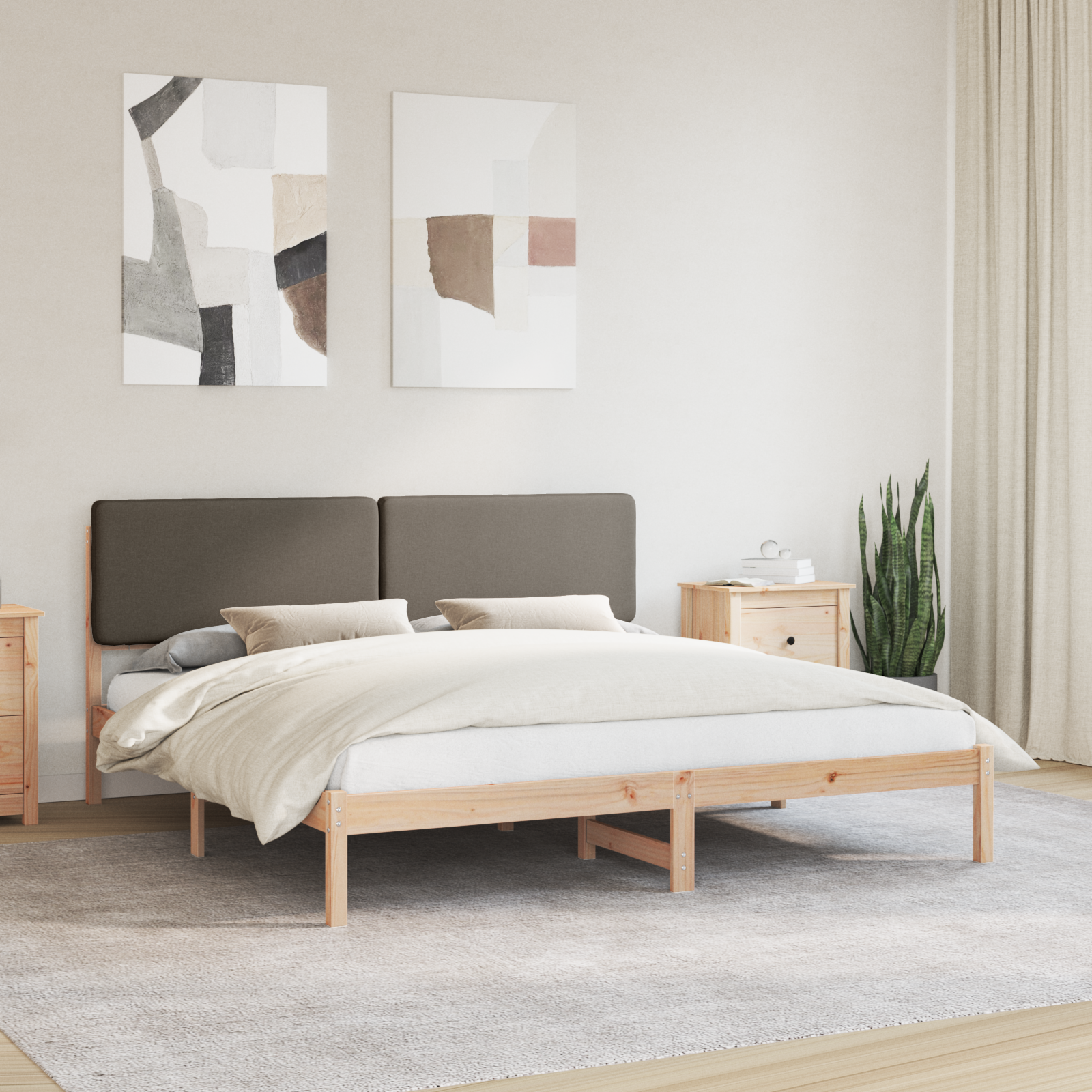 Sängram med Klädd Huvudgavel Taupe 180 x 200 cm Massiv furu
