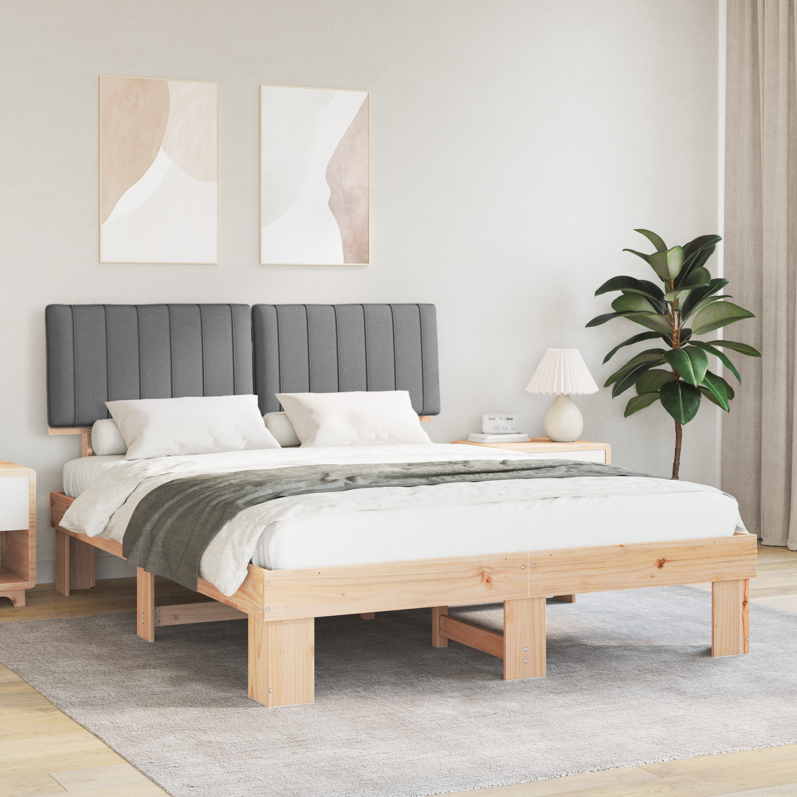 Sängram med Klädd Huvudgavel Ljusgrå 150 x 200 cm Massiv furu