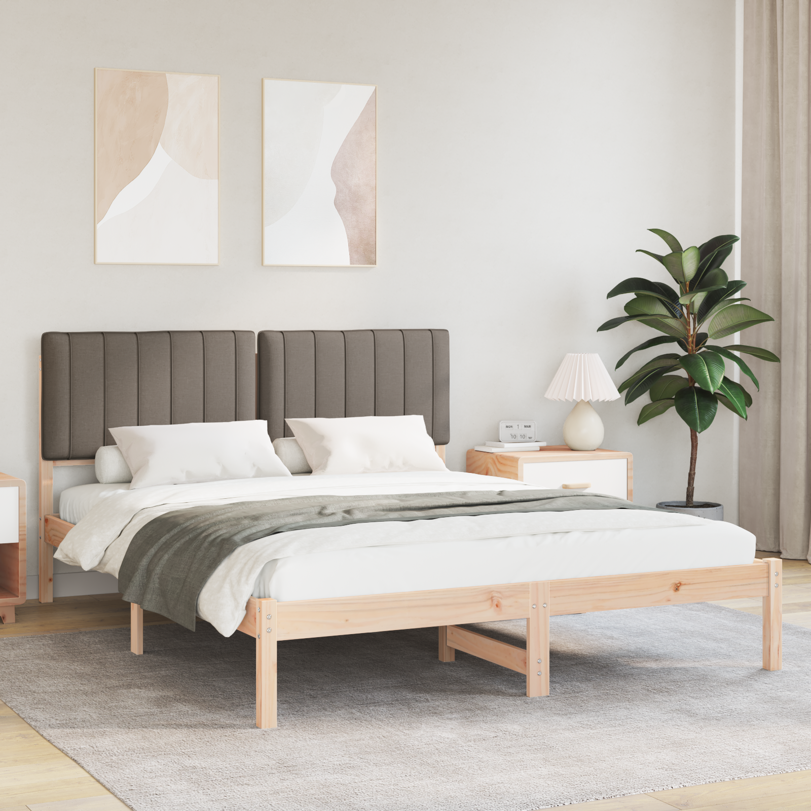 Sängram med Klädd Huvudgavel Taupe 160 x 200 cm Massivt furu