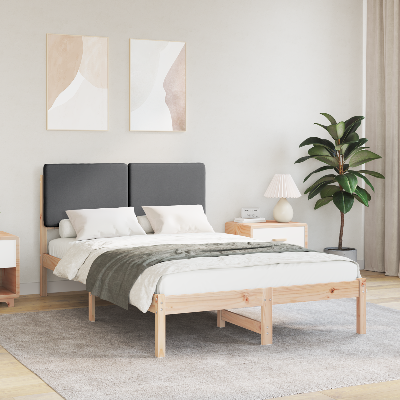 Sängram med Klädd Huvudgavel Mörkgrå 135 x 190 cm Massiv furu