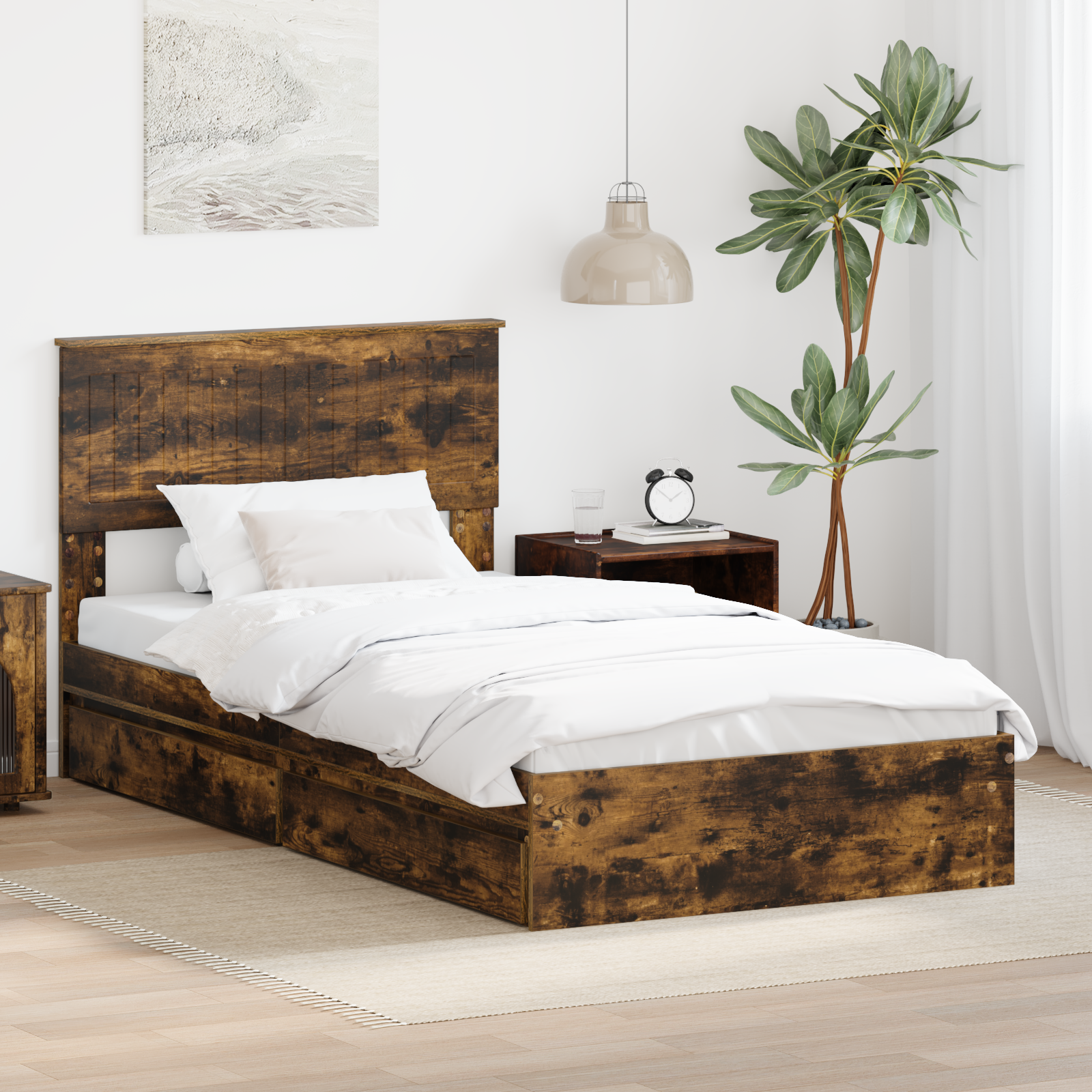 Förvaringssäng med låda Rökt ek 100 x 200 cm Konstruerat trä