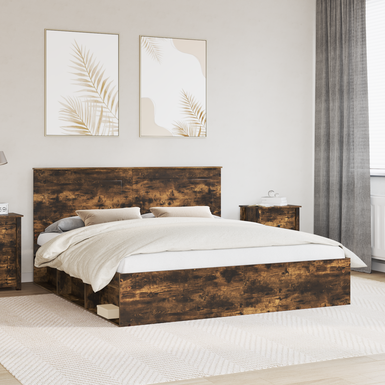 Sängram med huvudgavel Rökt ek 200 x 200 cm Massiv furu