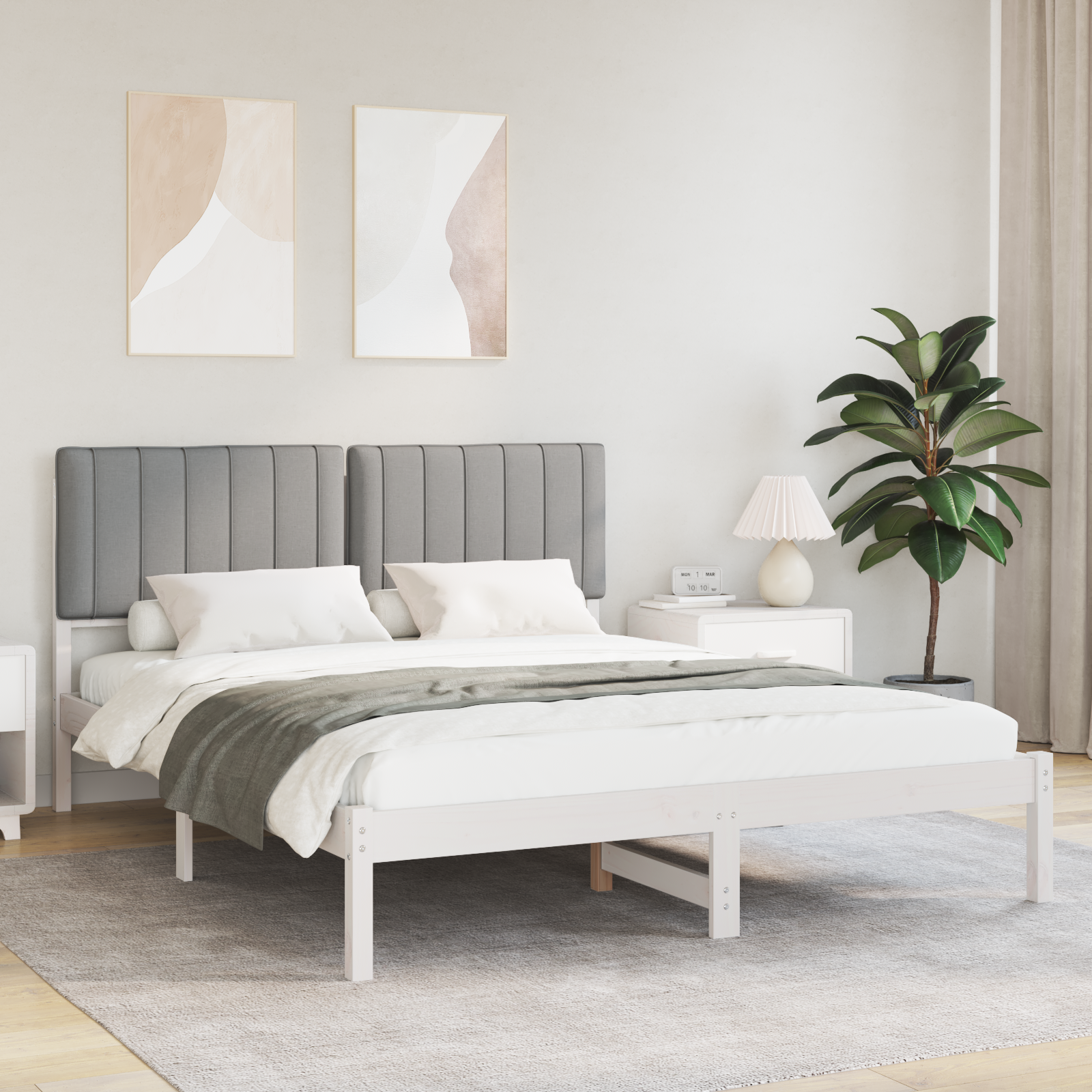 Sängram med Klädd Huvudgavel Ljusgrå 150 x 200 cm Massivt furu