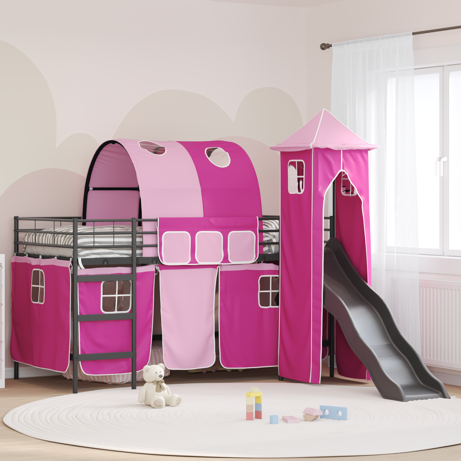 Barns loft sängram Enfärgad Svart och Rosa 107 x 203 cm Metall