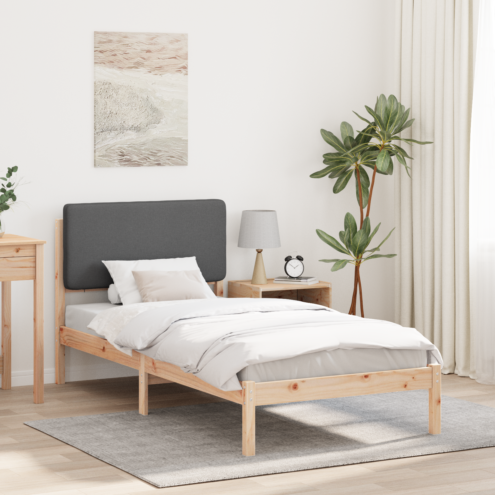 Sängram med Klädd Huvudgavel Mörkgrå 90 x 190 cm Massiv furu