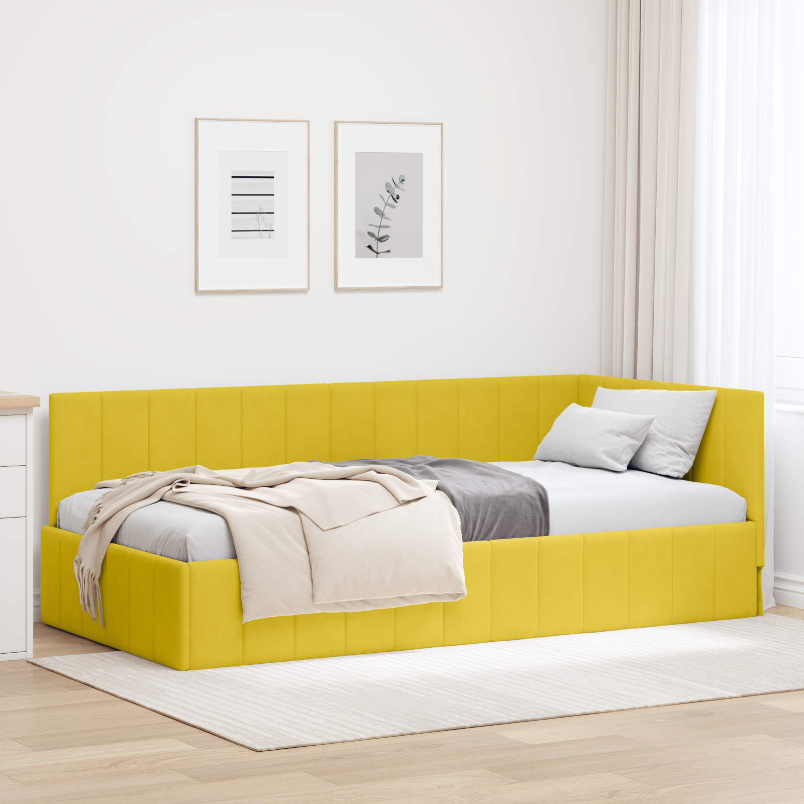 Hörn Sängram med huvudgavel Gul 90 cm x 200 cm Sammet