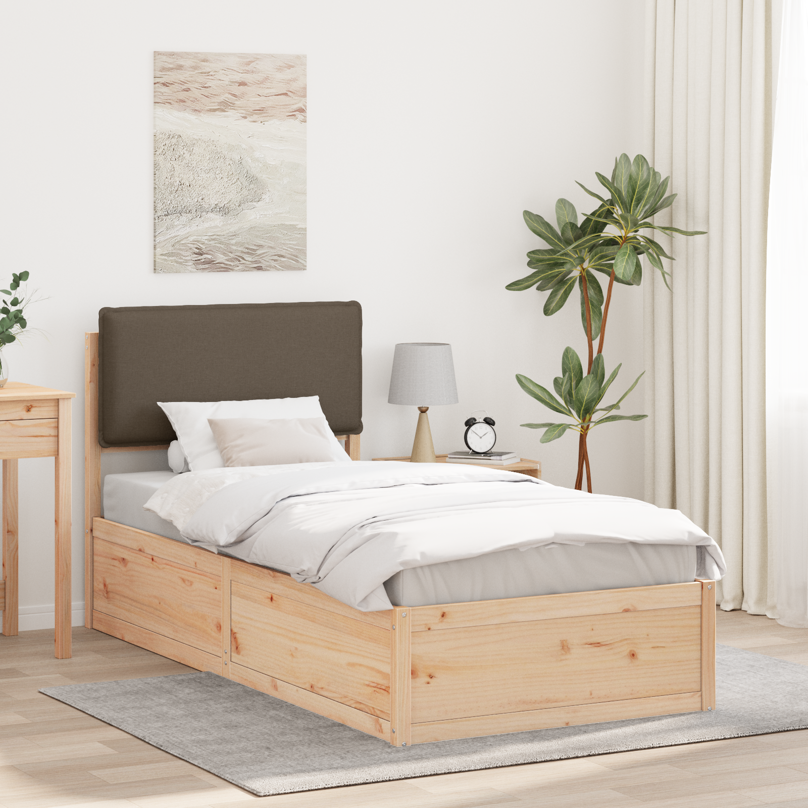 Sängram med Klädd Huvudgavel Taupe 100 x 200 cm Massiv furu