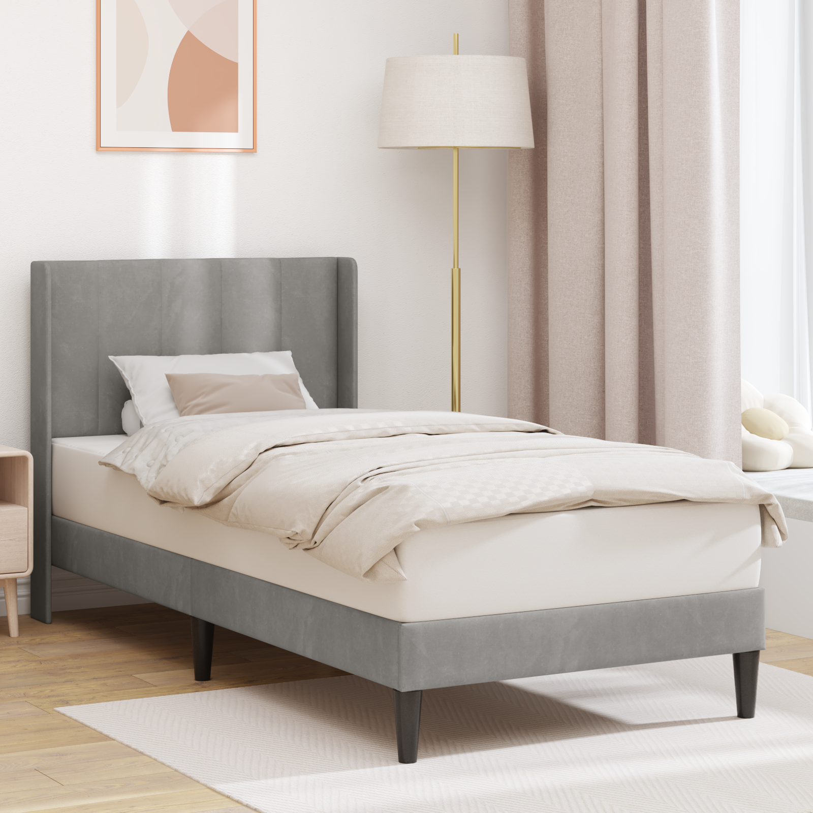 Sängram med huvudgavel Ljusgrå 90 x 200 cm Sammet