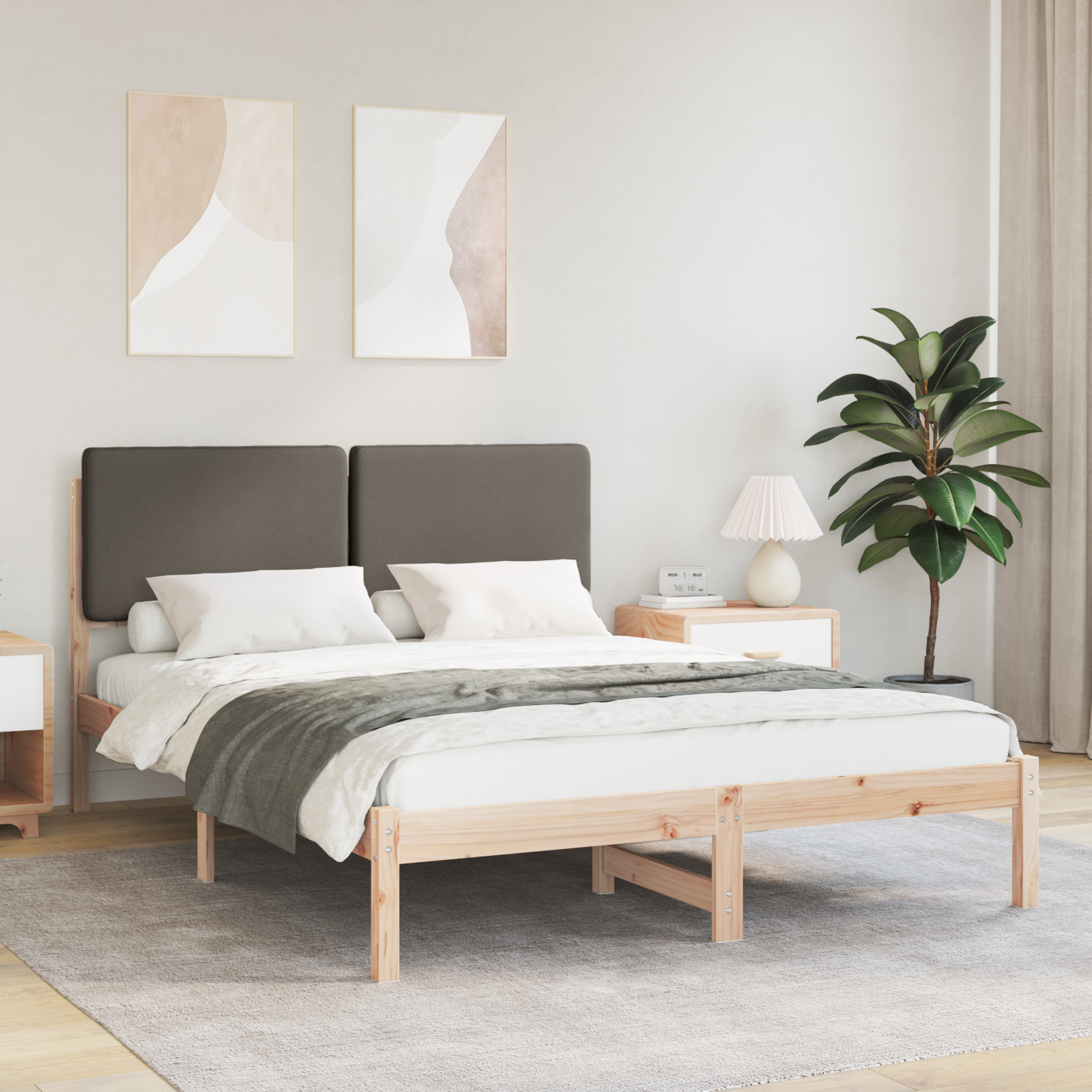 Sängram med Klädd Huvudgavel Taupe 140 x 190 cm Massiv furu