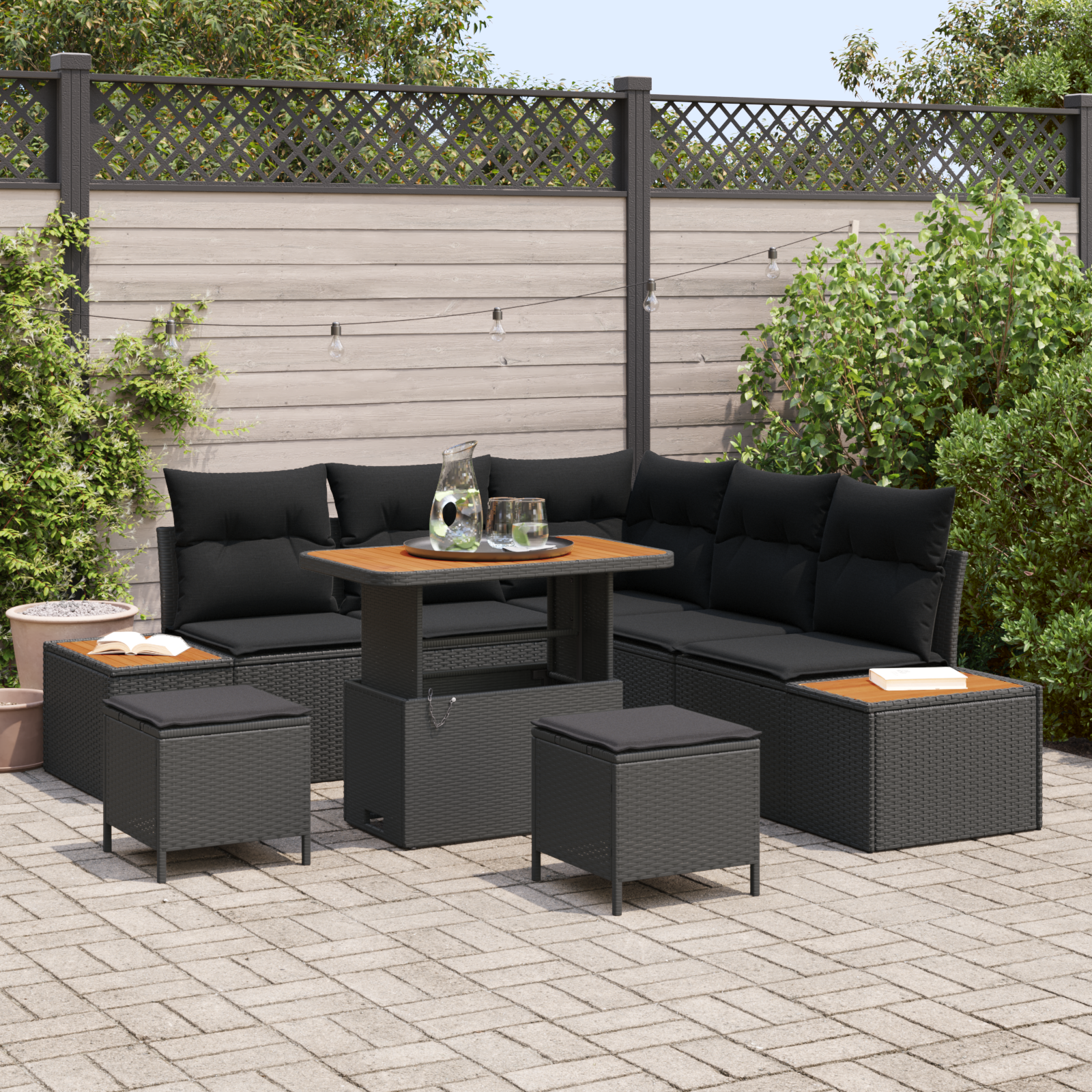 Trädgårdsoffset med kudde med lagring 8 pcs Svart Poly rattan