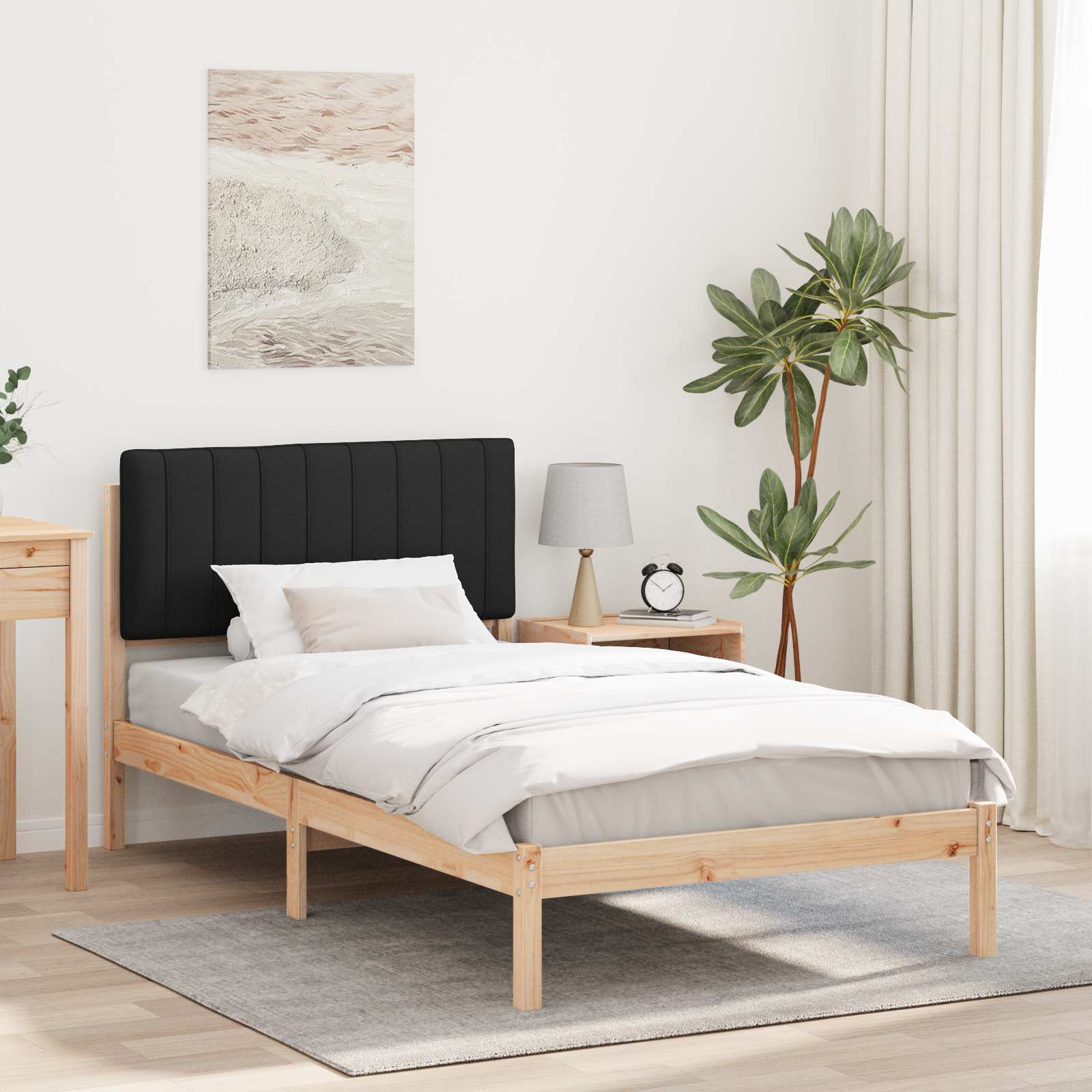 Sängram med Klädd Huvudgavel Svart 100 x 200 cm Massivt furu
