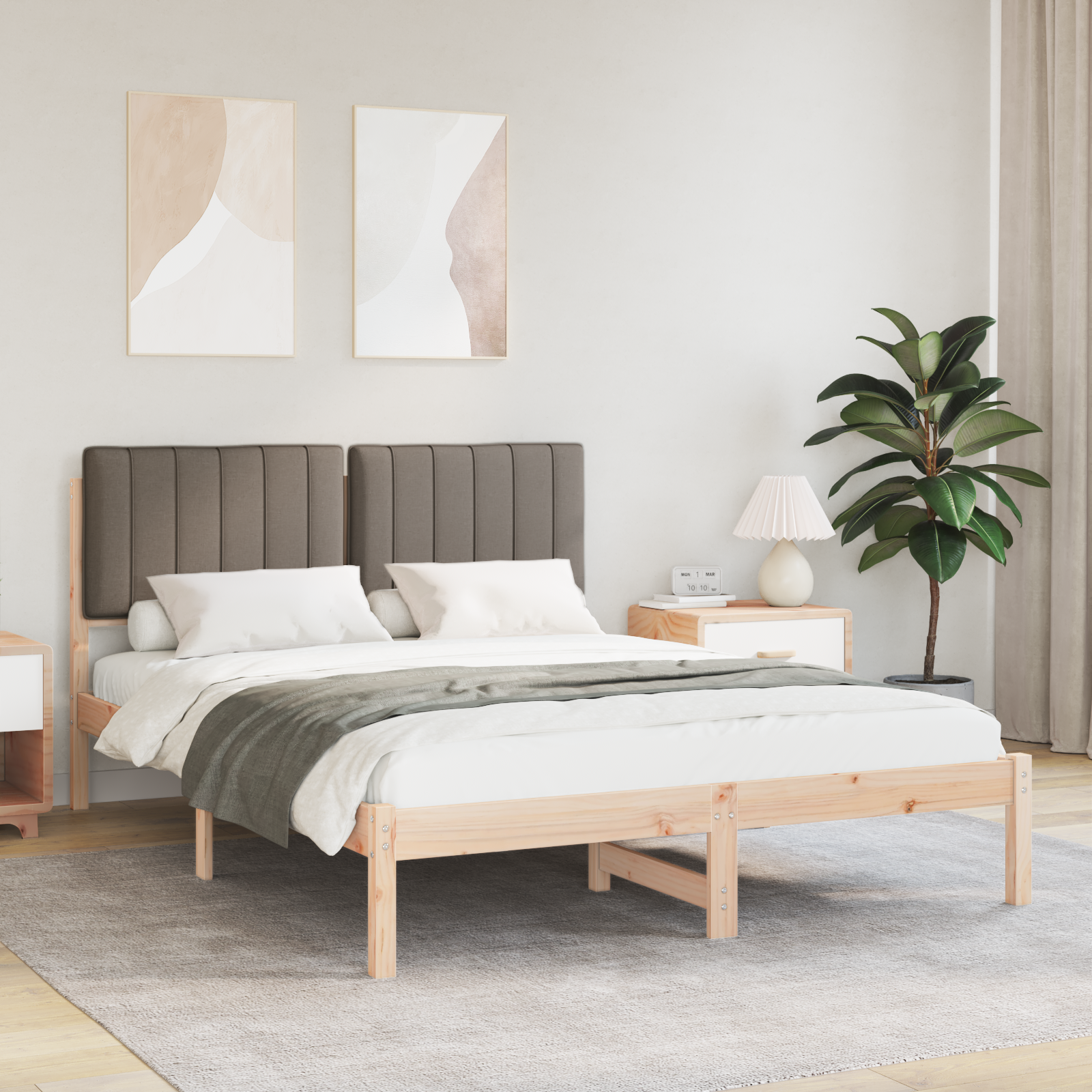 Sängram med Klädd Huvudgavel Taupe 140 x 200 cm Massivt furu