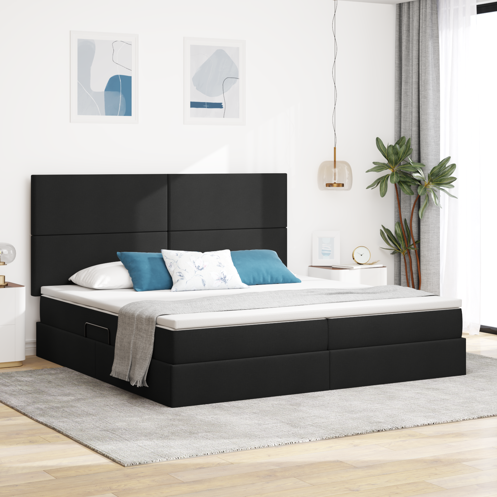 Förvaringssäng med madrass med lagring Svart 200 x 200 cm tyg