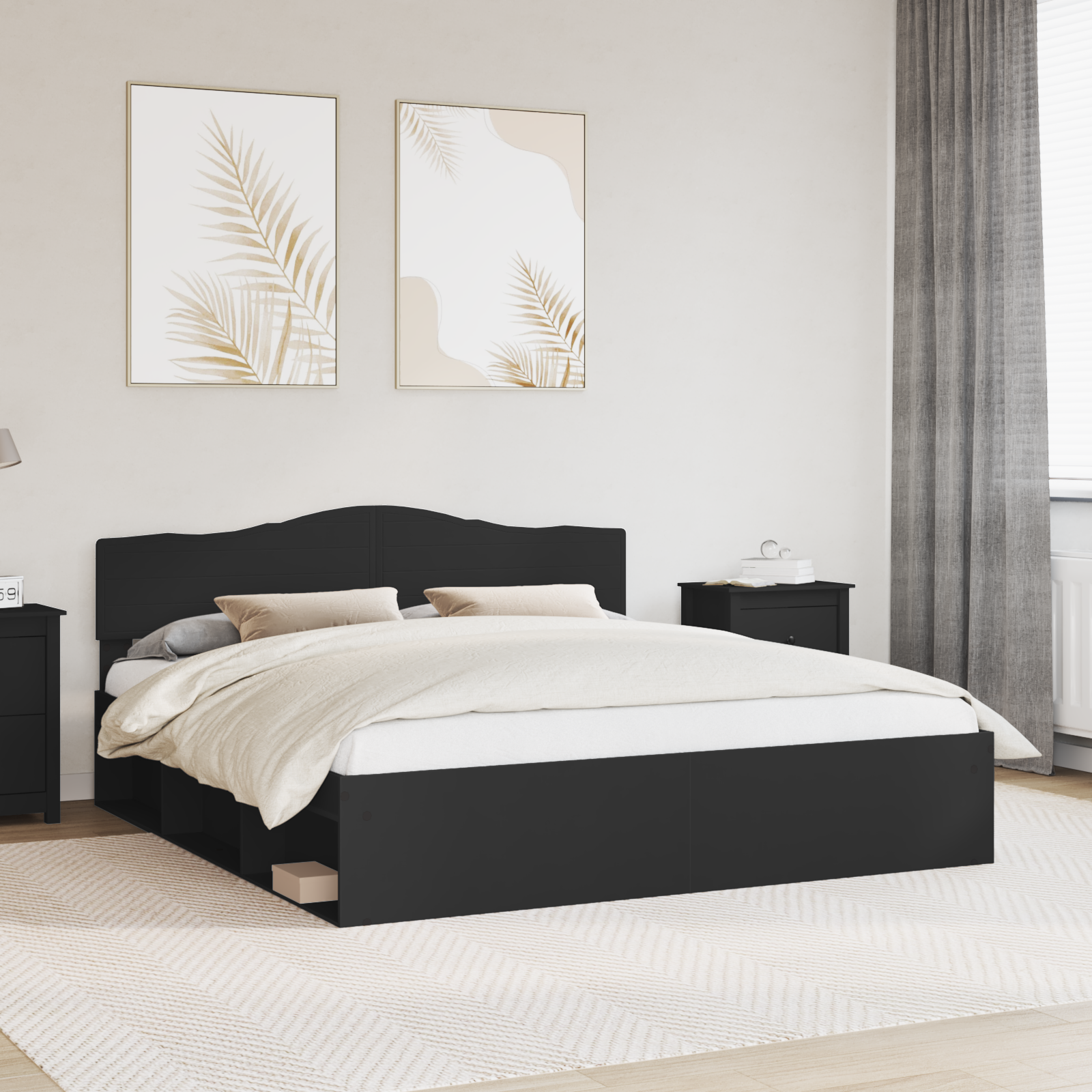 Sängram med huvudgavel Svart 200 x 200 cm Massiv furu