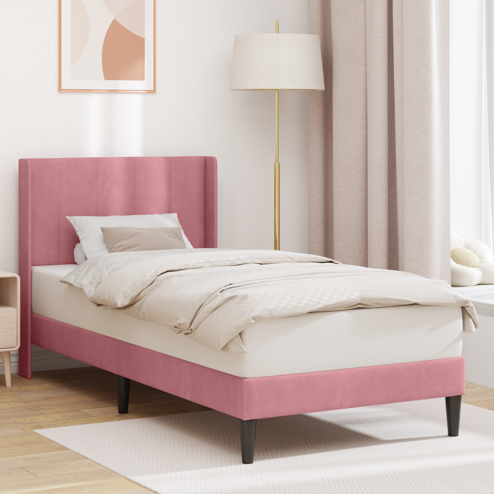 Sängram med huvudgavel Rosa 90 x 190 cm Sammet