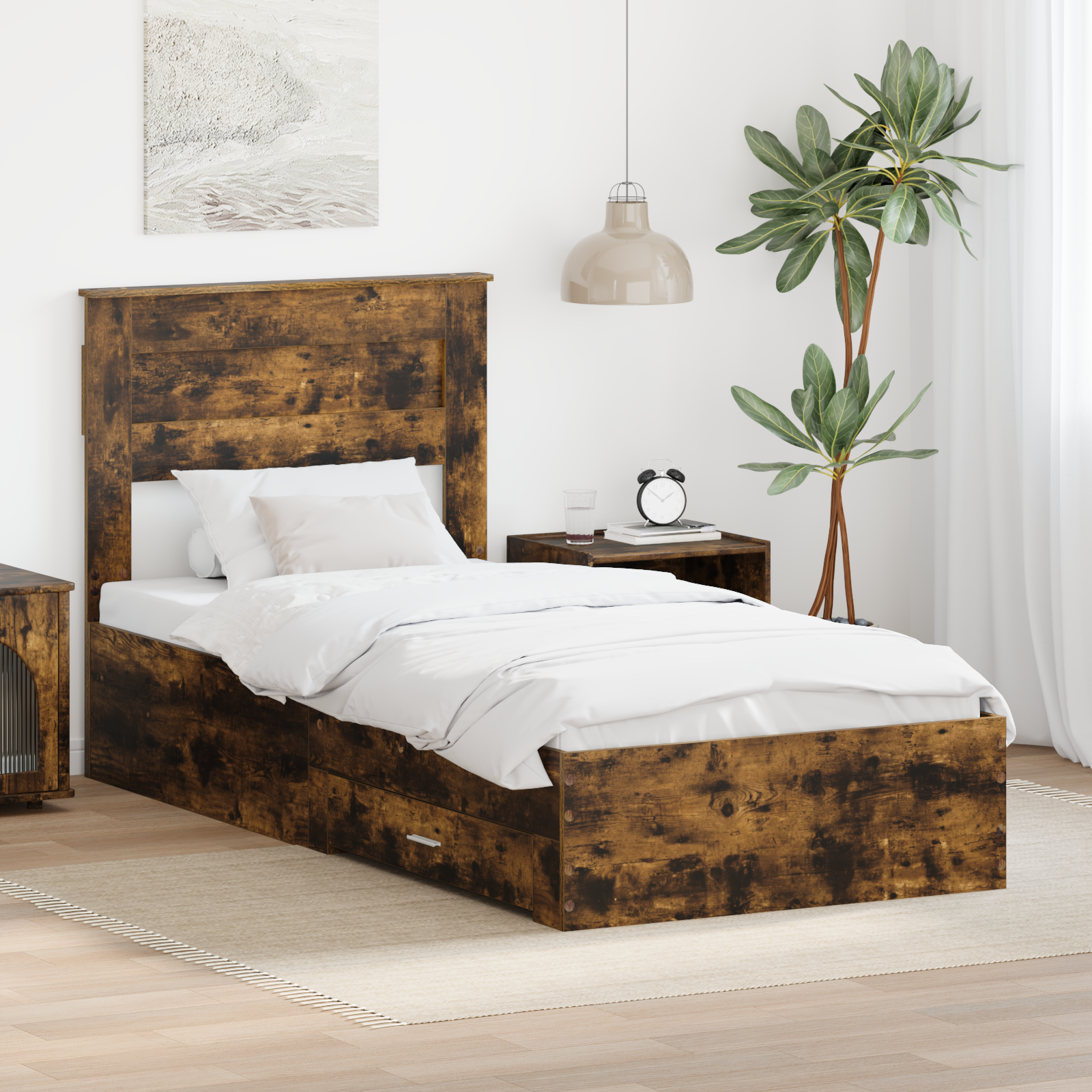 Sängram med huvudgavel Rökt ek 90 x 200 cm Konstruerat trä