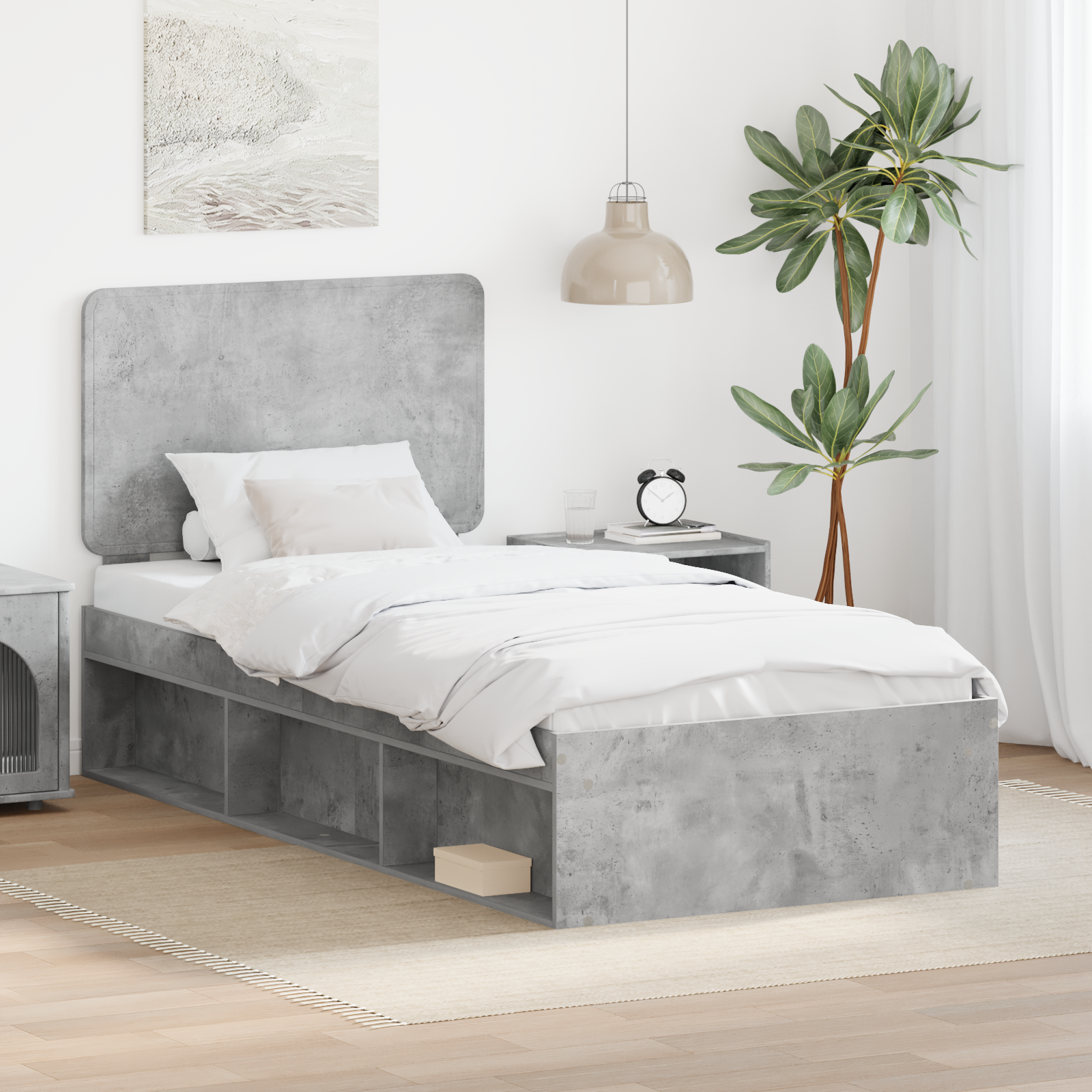 Sängram med huvudgavel Betonggrå 90 x 190 cm Massiv furu
