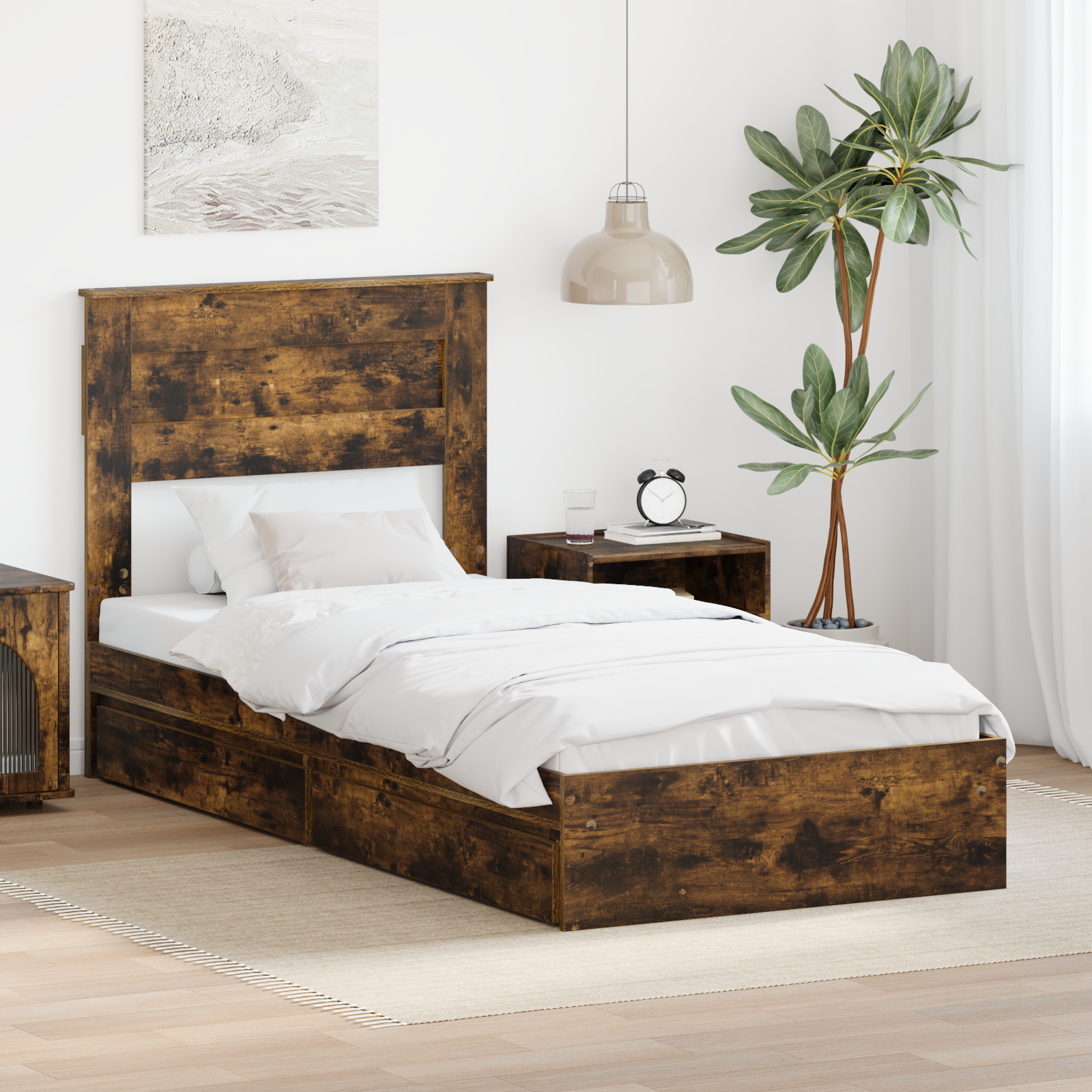 Förvaringssäng med låda Rökt ek 90 x 200 cm Konstruerat trä