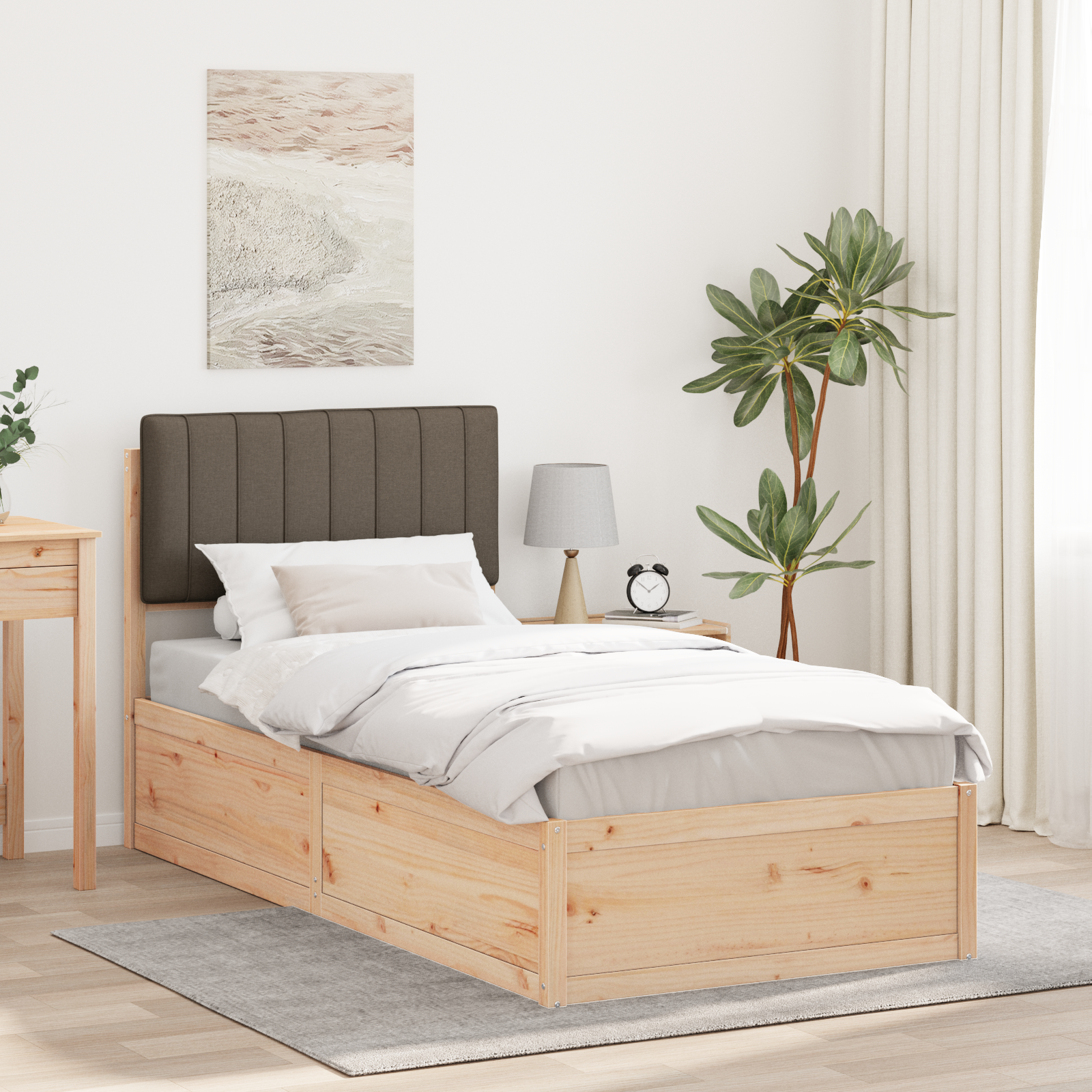 Sängram med Klädd Huvudgavel Taupe 90 x 190 cm Massiv furu