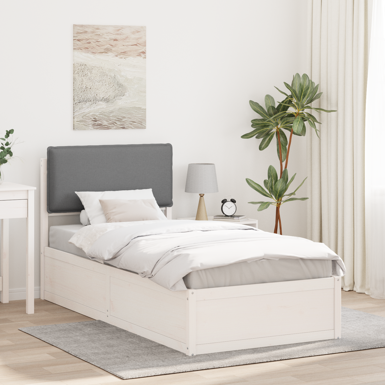 Sängram med Klädd Huvudgavel Ljusgrå 90 x 200 cm Massiv furu