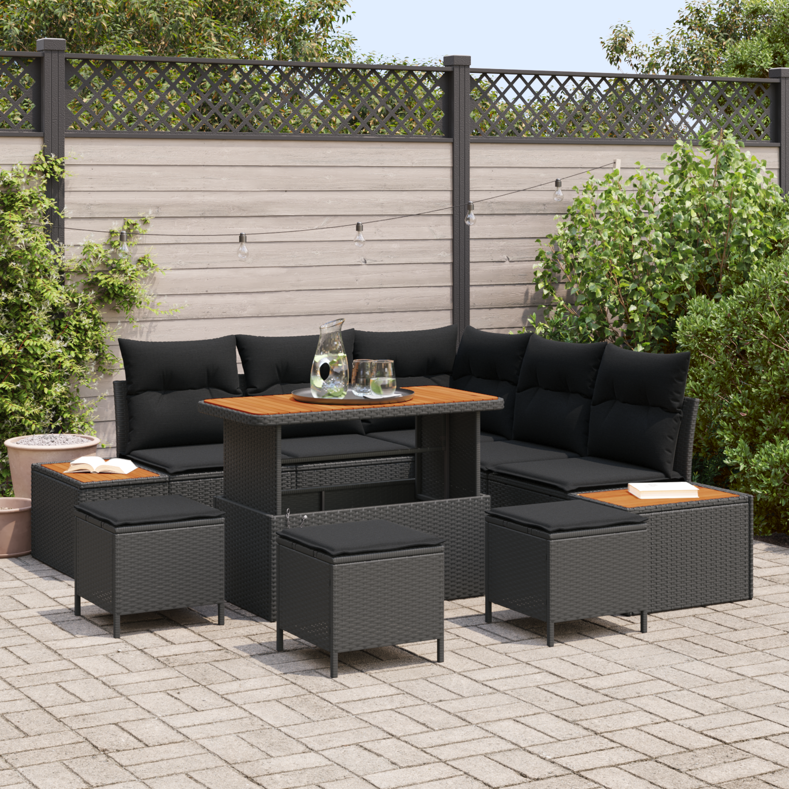 Trädgårdsoffset med kudde med lagring 9 pcs Svart Poly rattan