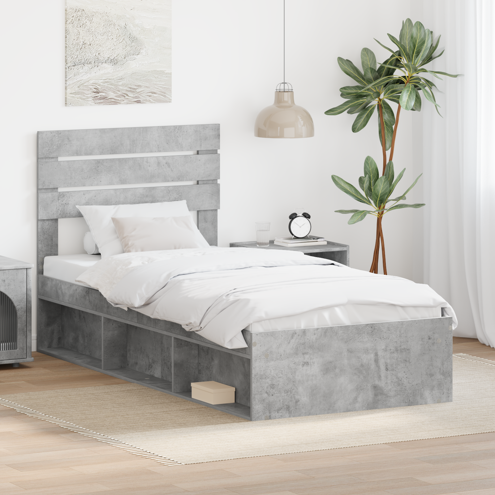 Sängram med huvudgavel Betonggrå 90 x 190 cm Massiv furu