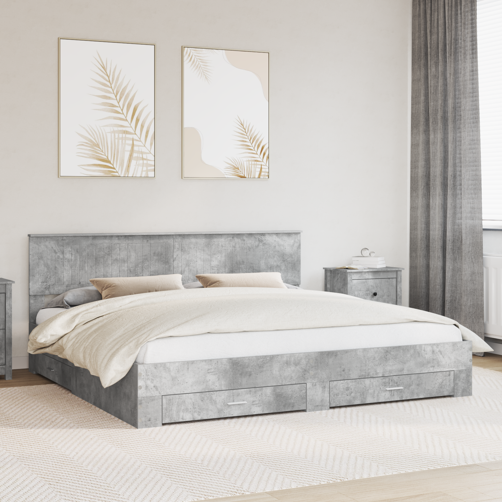 Sängram med låda Betonggrå 200 x 200 cm Konstruerat trä