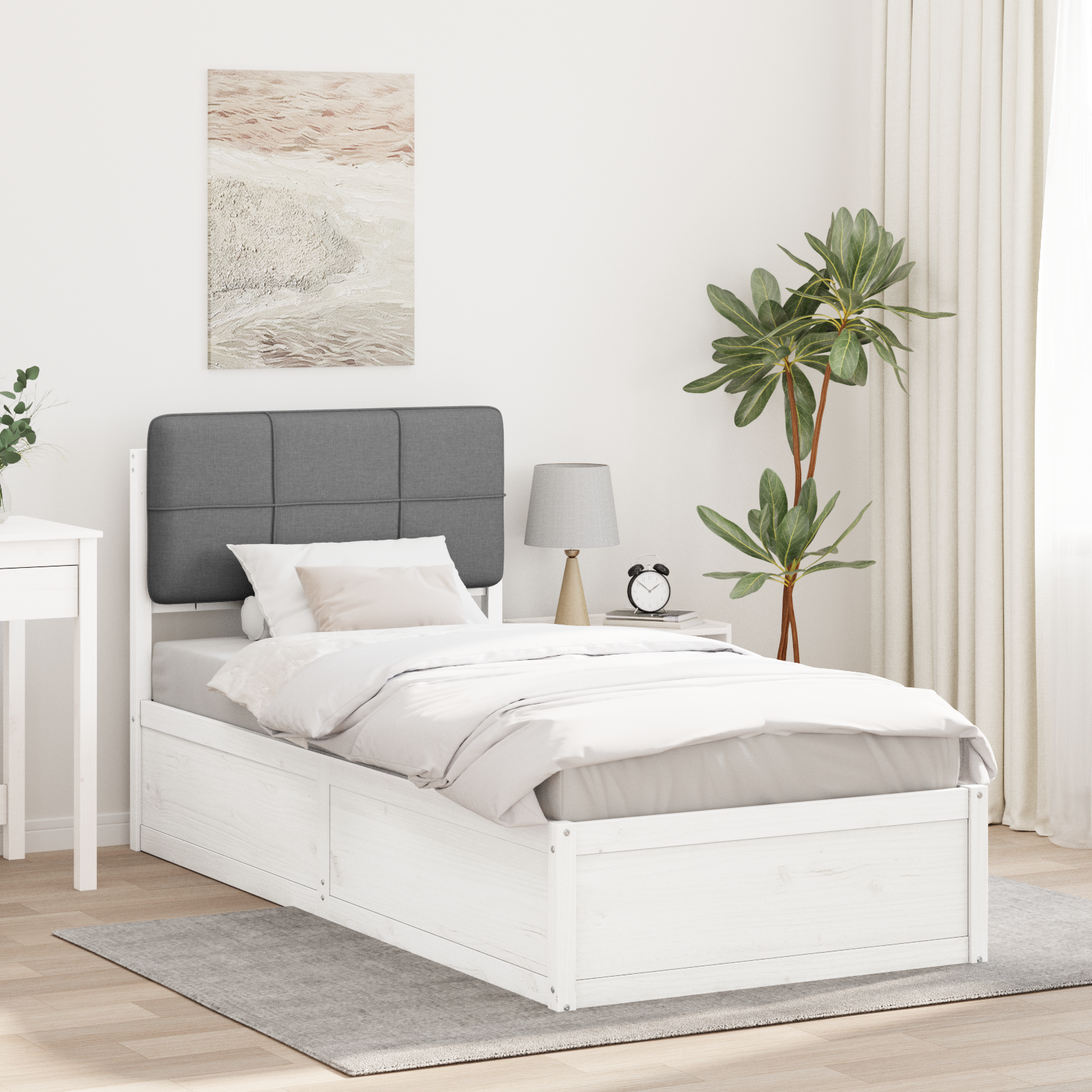 Sängram med Klädd Huvudgavel Ljusgrå 90 x 200 cm Massiv furu