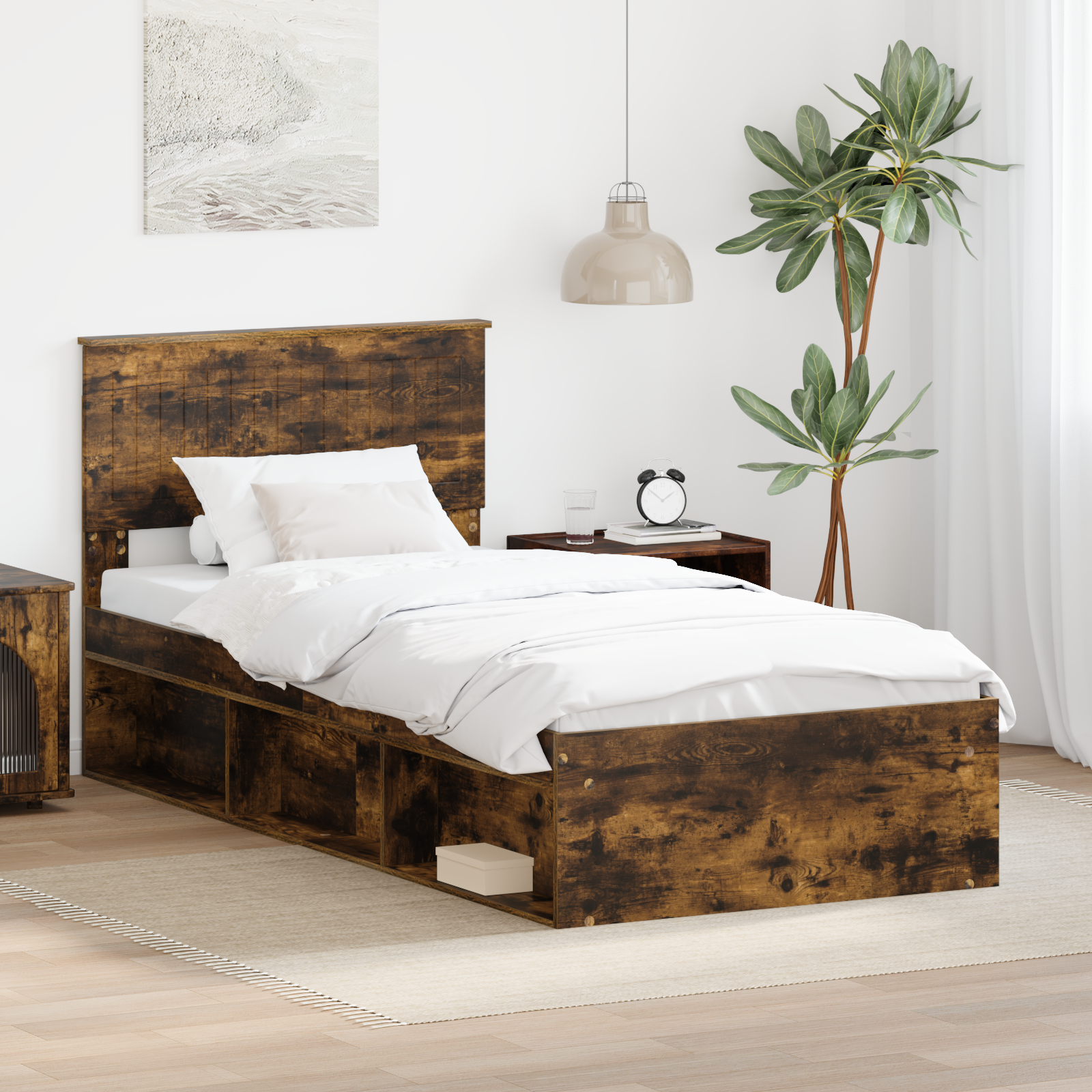 Sängram med huvudgavel Rökt ek 90 x 190 cm Massiv furu