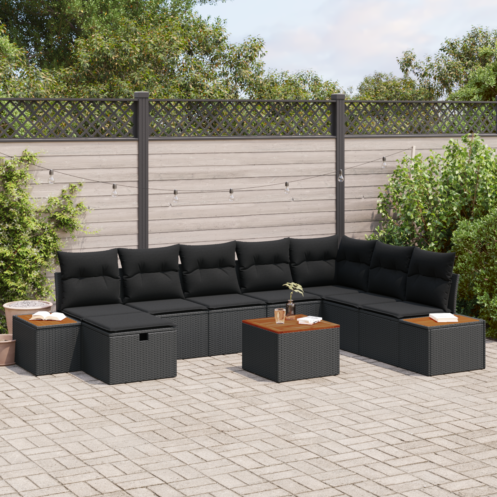 Trädgårdsoffset med kudde 9 pcs Svart Poly rattan