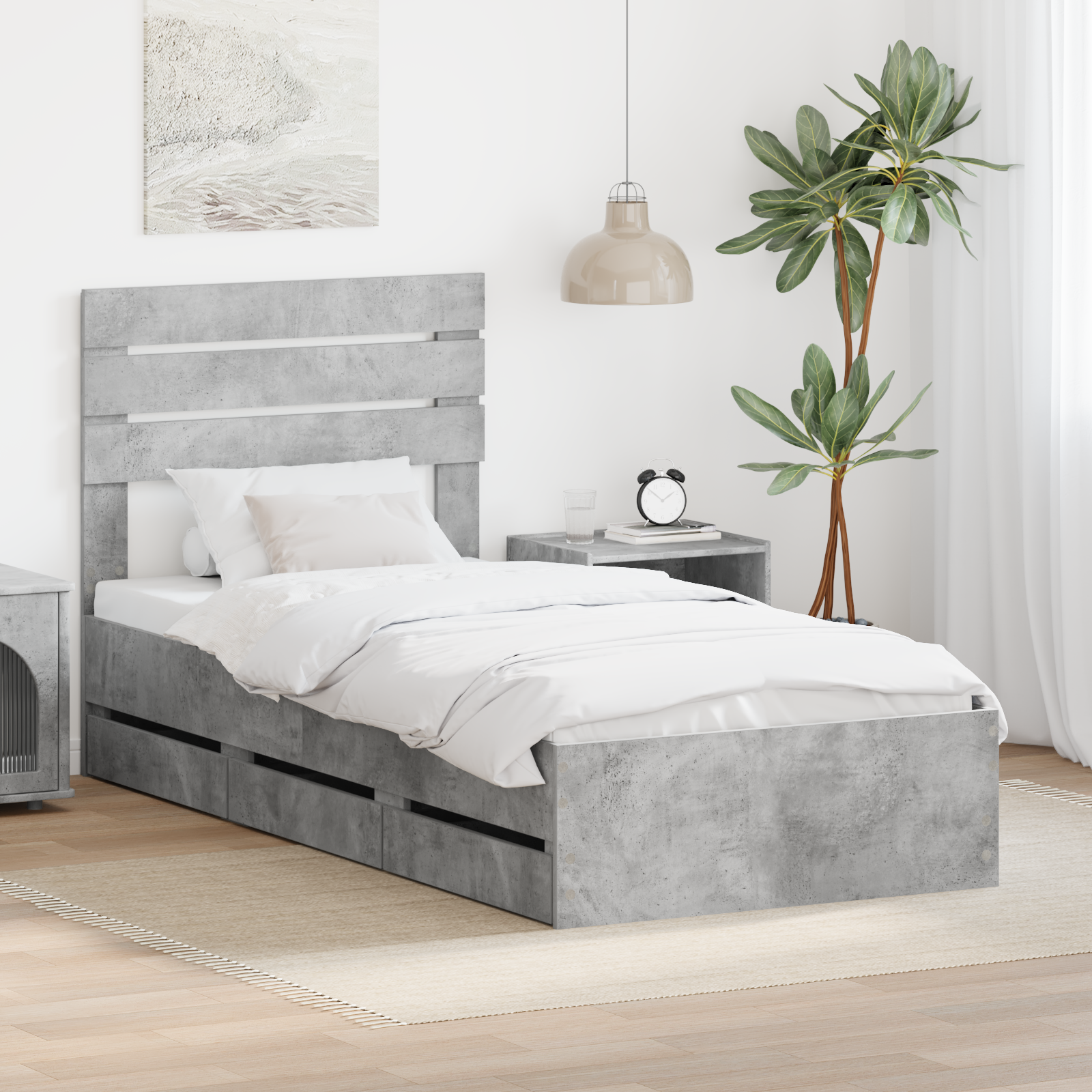 Sängram med låda med lagring Betonggrå 90 x 200 cm Ingenjörsträ