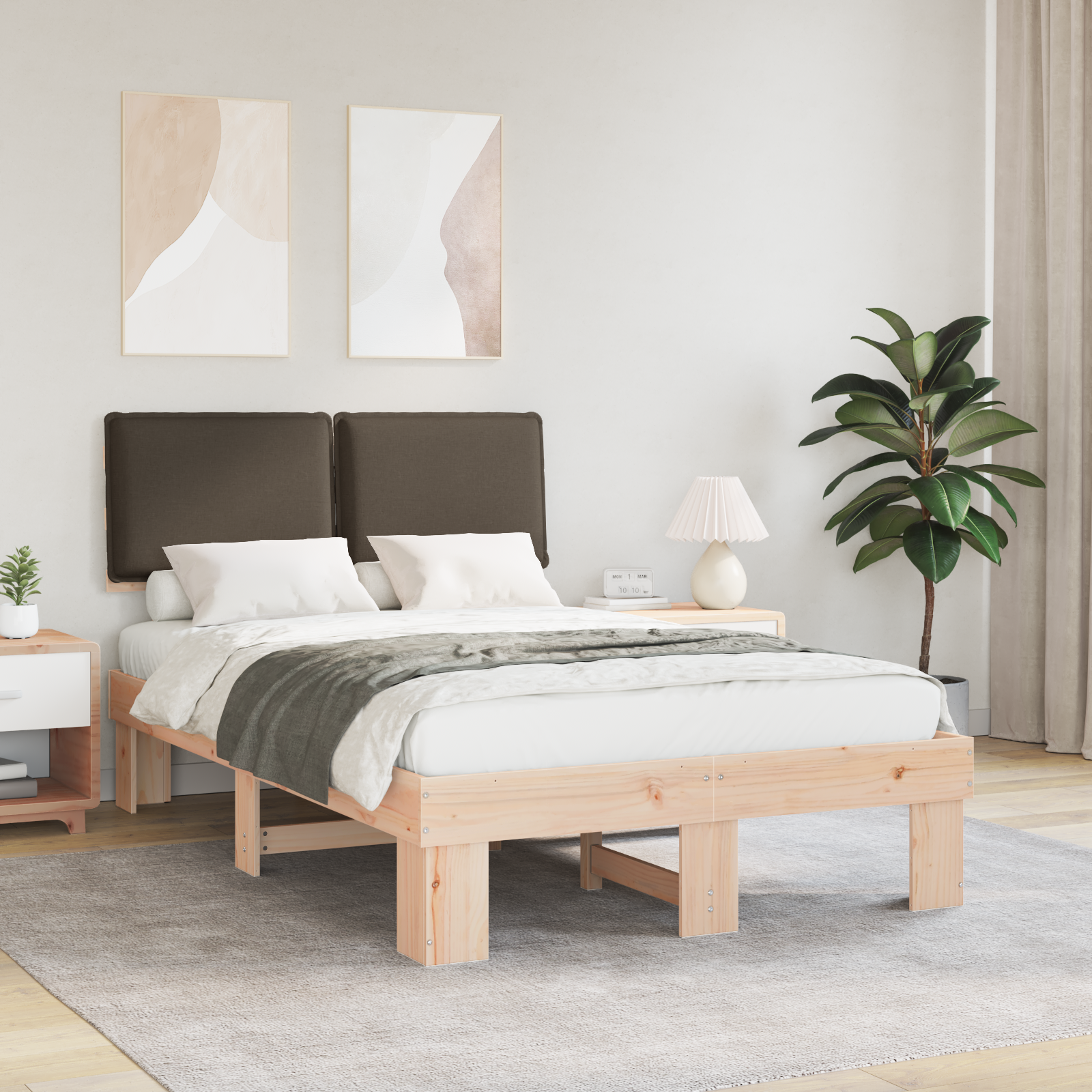 Sängram med Klädd Huvudgavel Taupe 120 x 190 cm Massiv furu