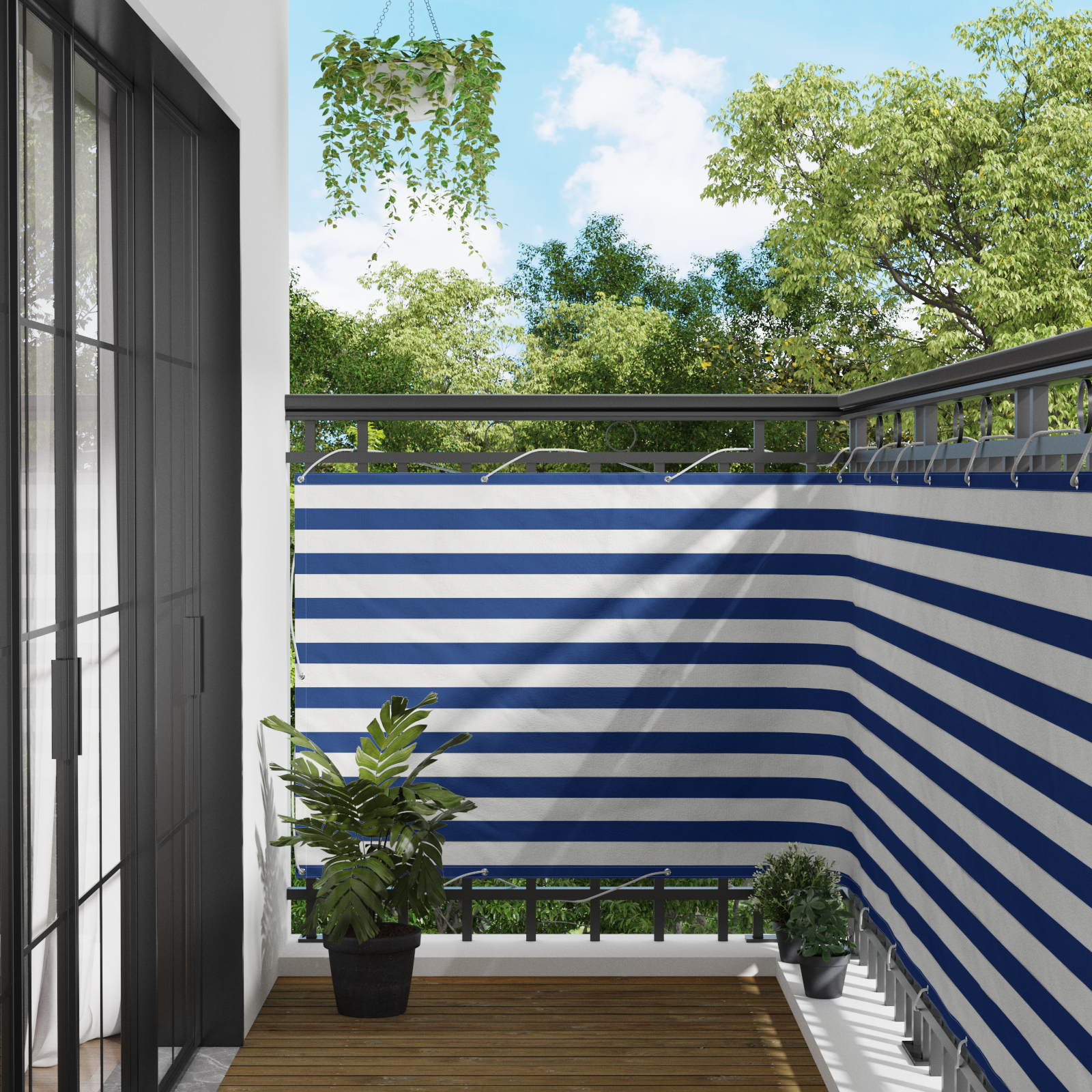 Balkong Skärm Blå och Vit 110 x 300 cm Oxford Tyg