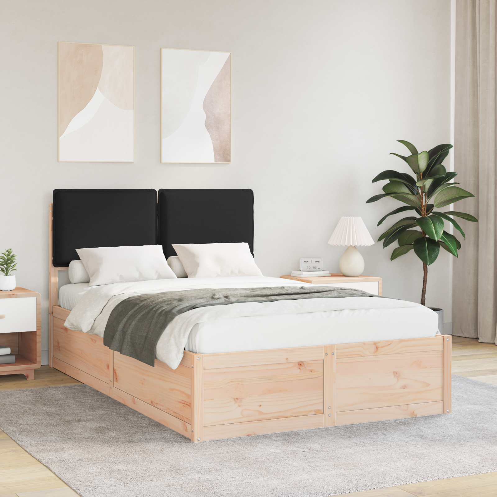 Sängram med Klädd Huvudgavel Svart 120 x 190 cm Massiv furu