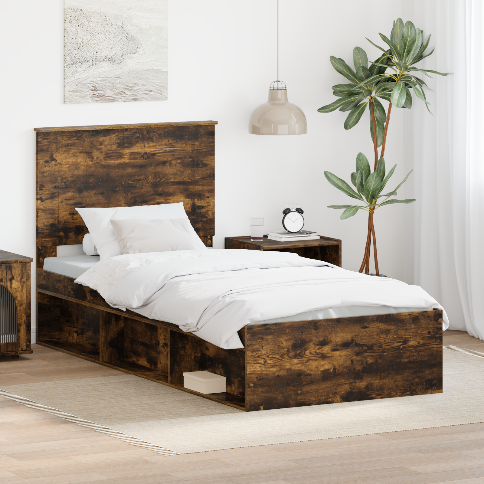 Sängram med huvudgavel Rökt ek 90 x 190 cm Massiv furu