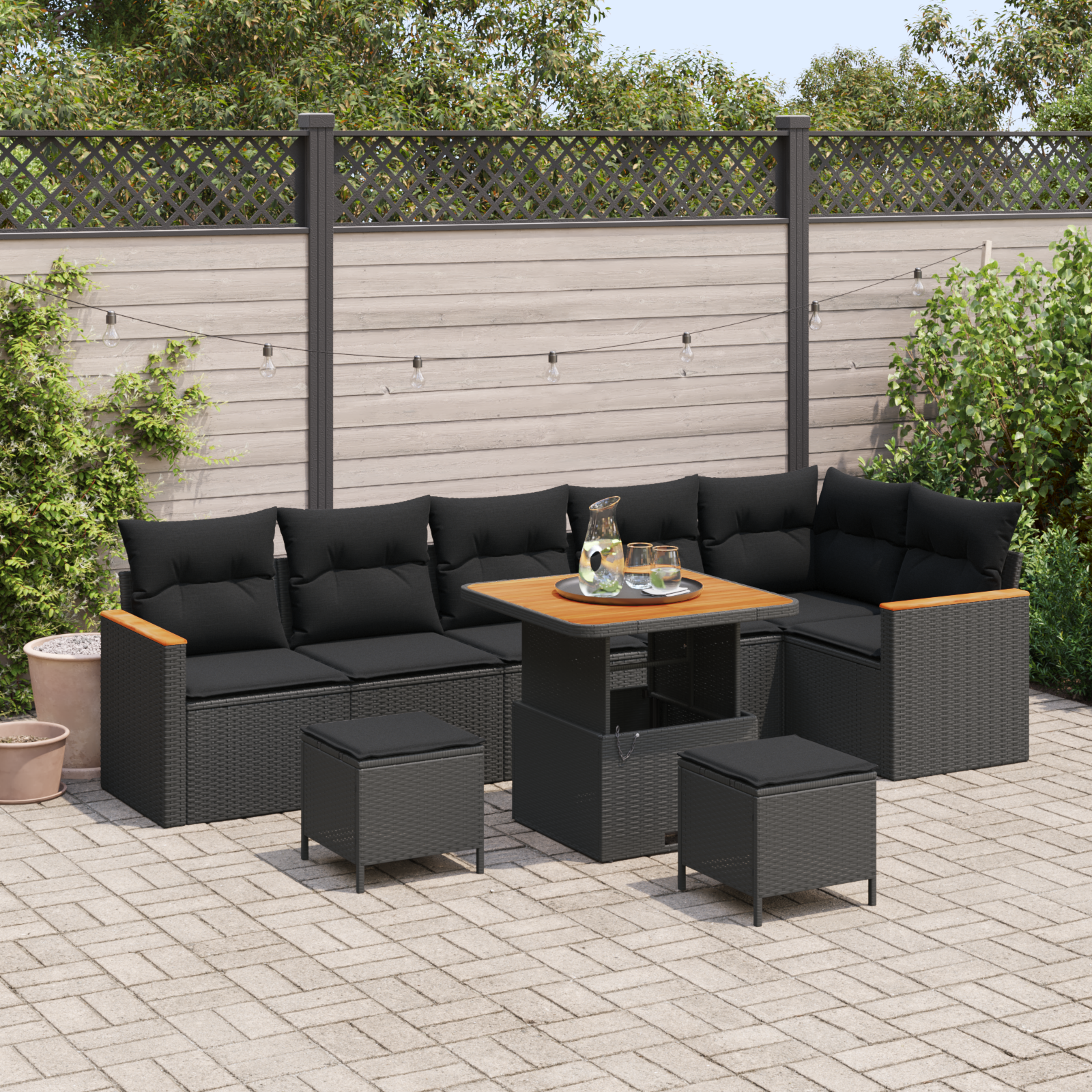 Trädgårdsoffset med kudde 9 pcs Svart Poly rattan