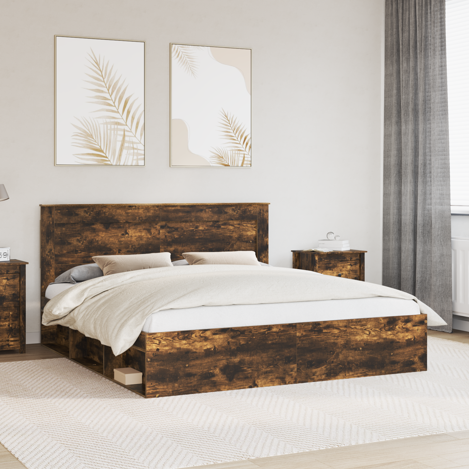 Sängram med huvudgavel Rökt ek 200 x 200 cm Massiv furu