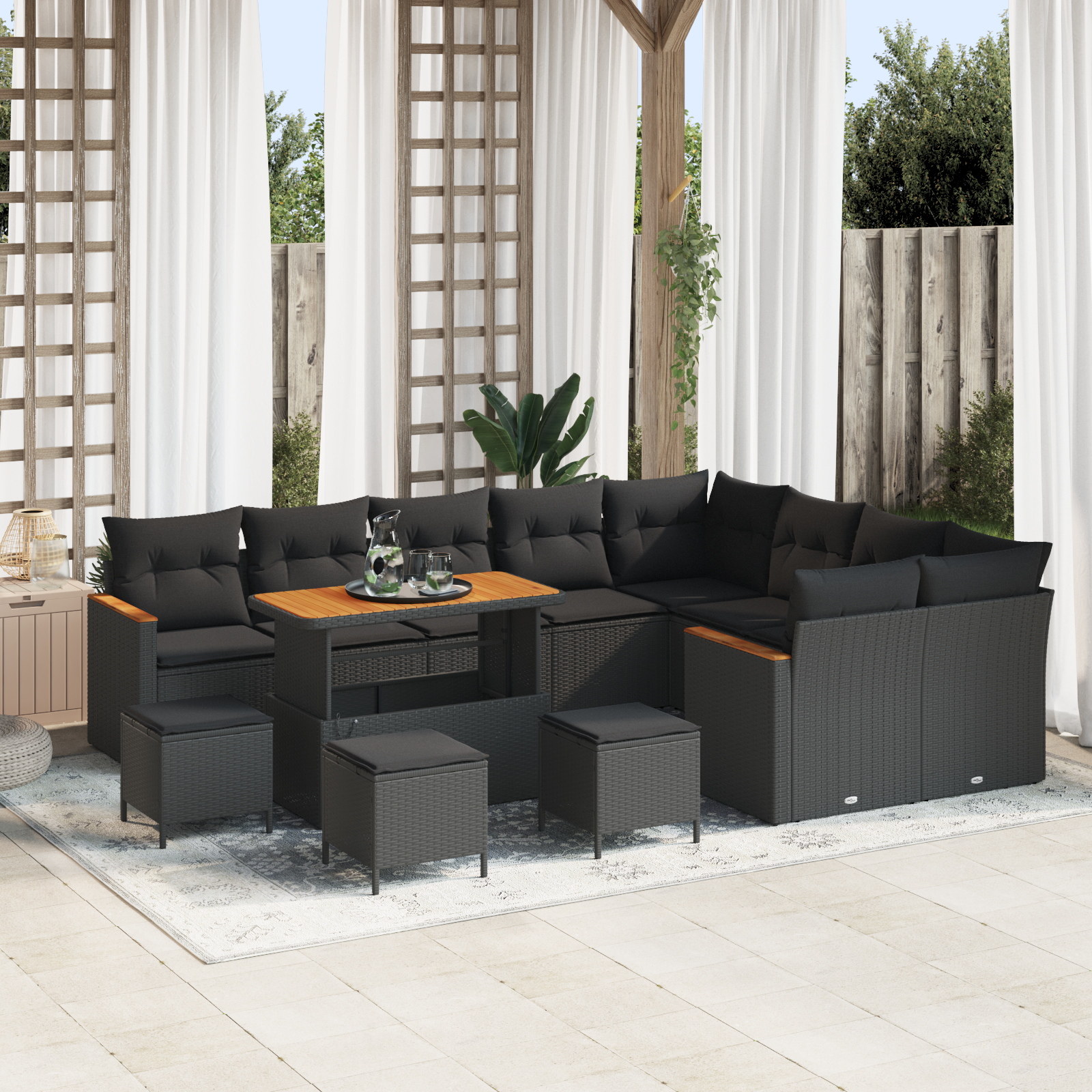 Trädgårdsoffset med kudde med lagring 13 pcs Svart Poly Rattan