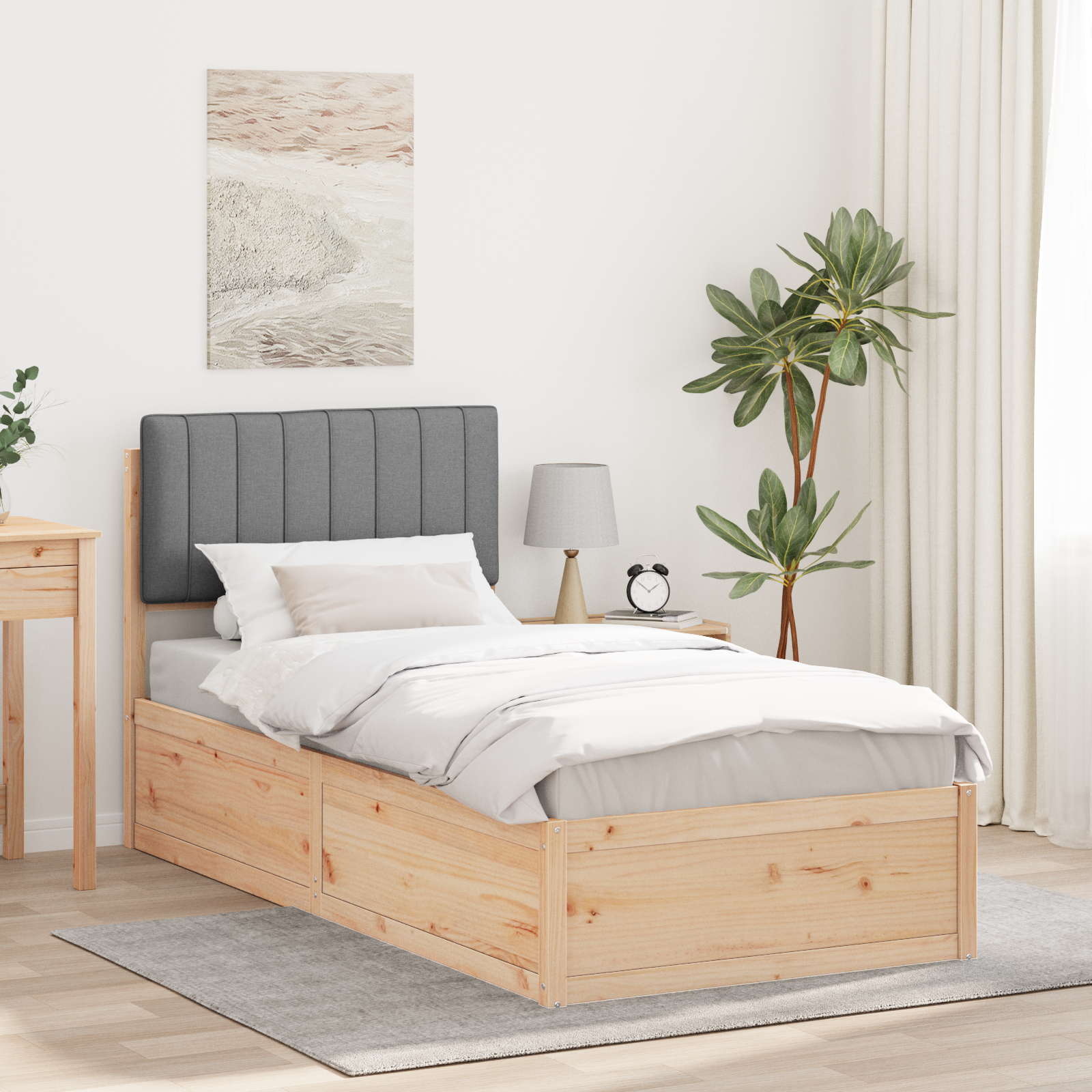 Sängram med Klädd Huvudgavel Ljusgrå 90 x 190 cm Massiv furu