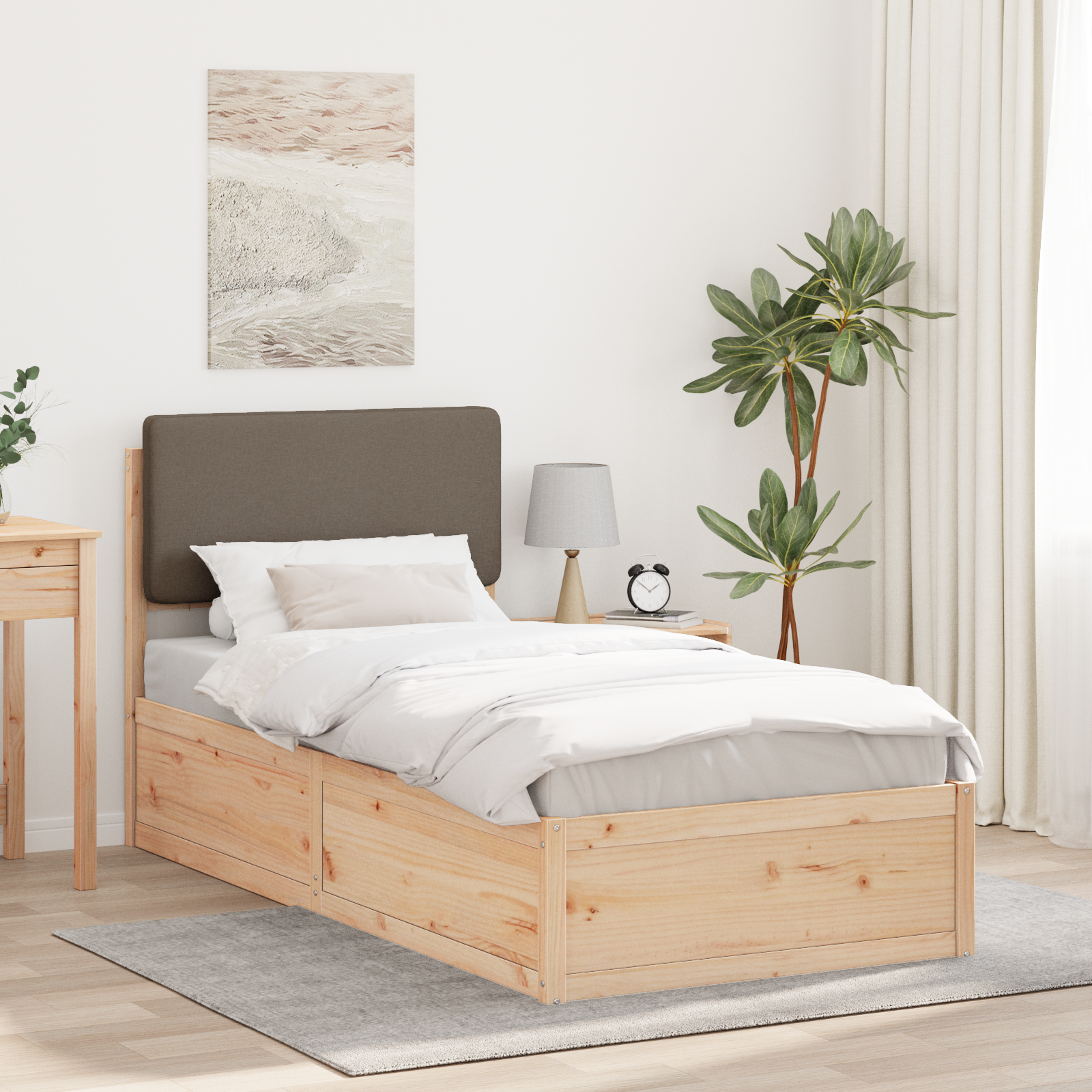 Sängram med Klädd Huvudgavel Taupe 75 x 190 cm Massiv furu