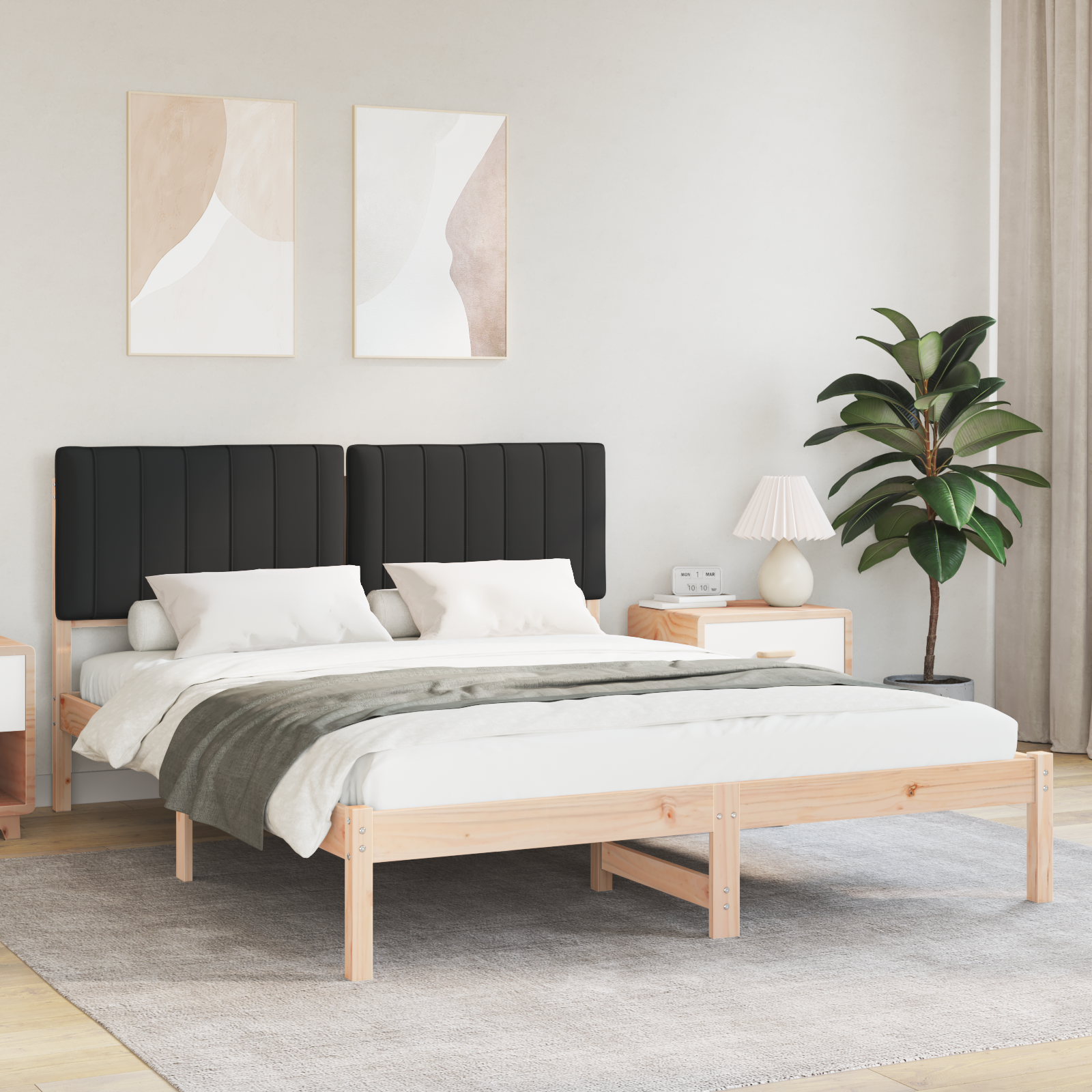 Sängram med Klädd Huvudgavel Svart 160 x 200 cm Massivt furu