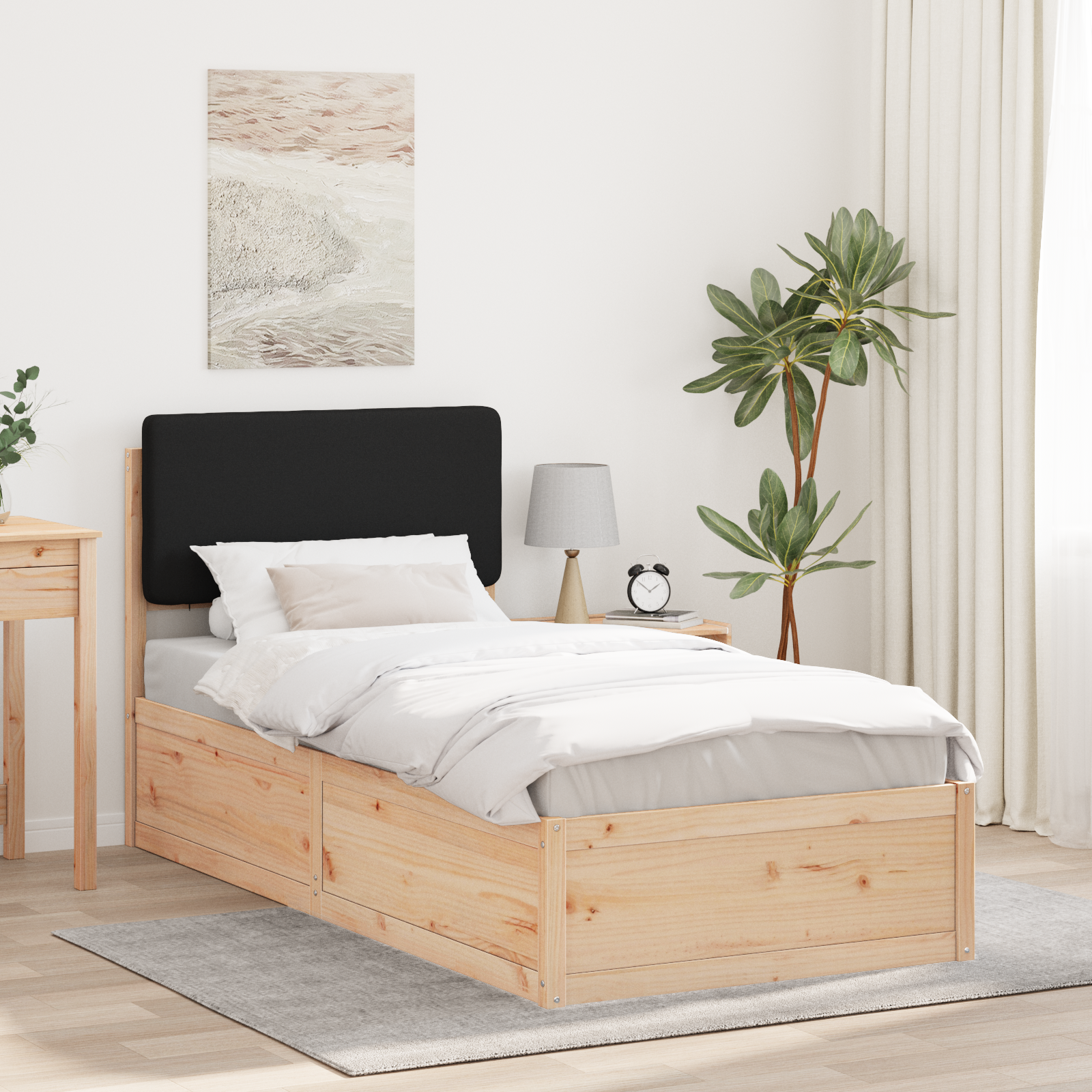 Sängram med Klädd Huvudgavel Svart 100 x 200 cm Massiv furu