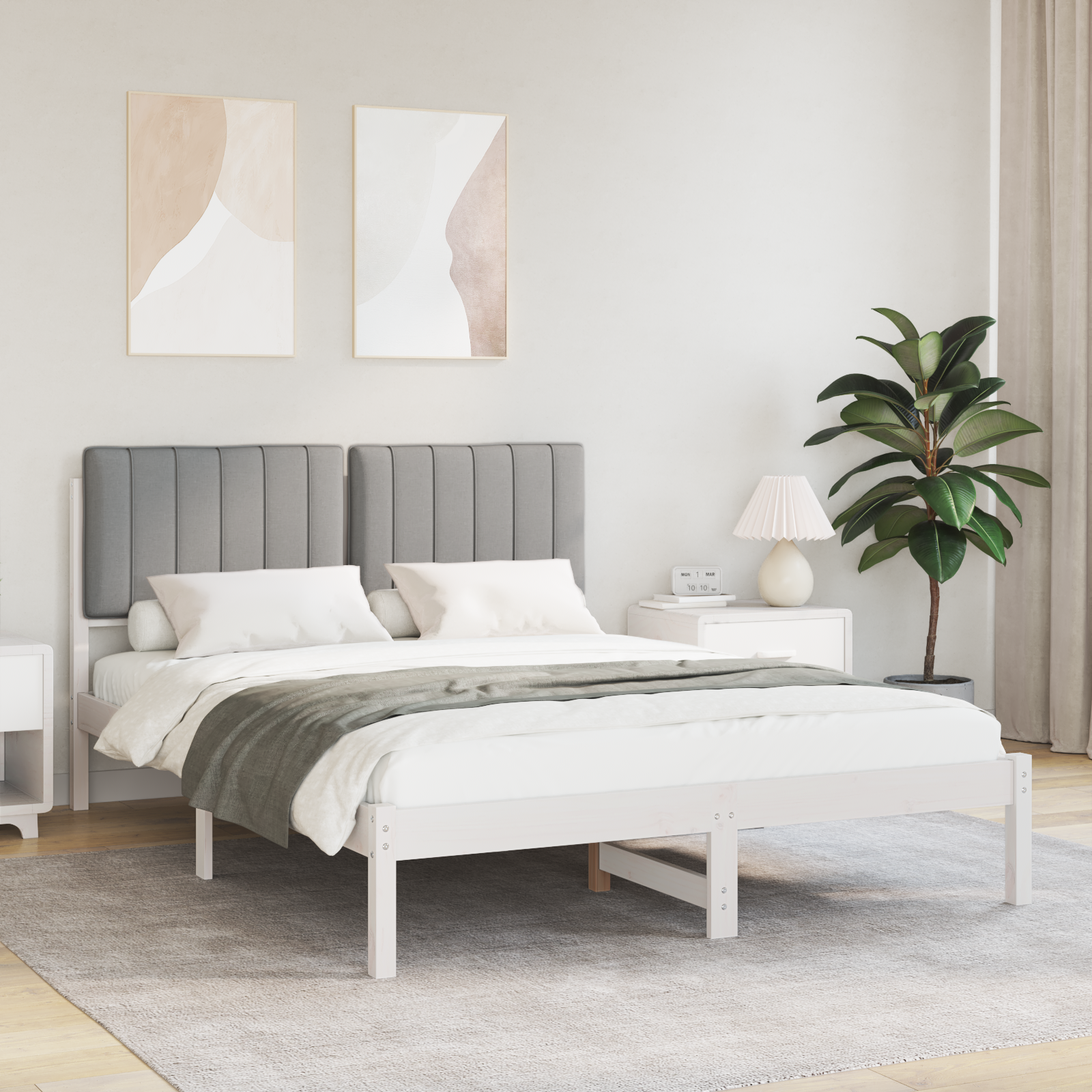 Sängram med Klädd Huvudgavel Ljusgrå 140 x 200 cm Massivt furu