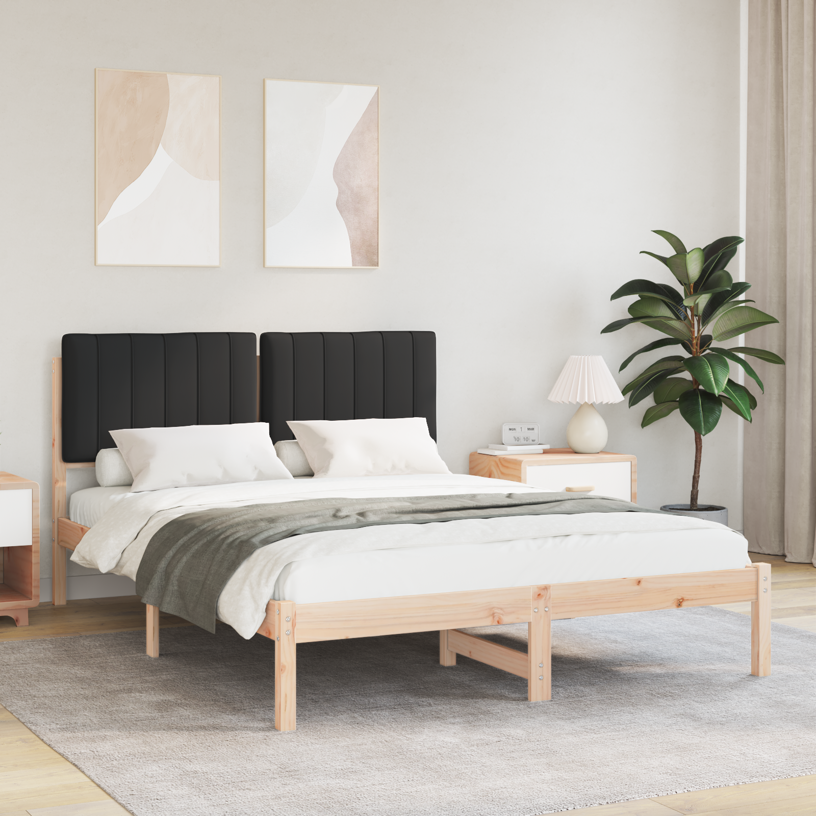 Sängram med Klädd Huvudgavel Svart 140 x 200 cm Massivt furu