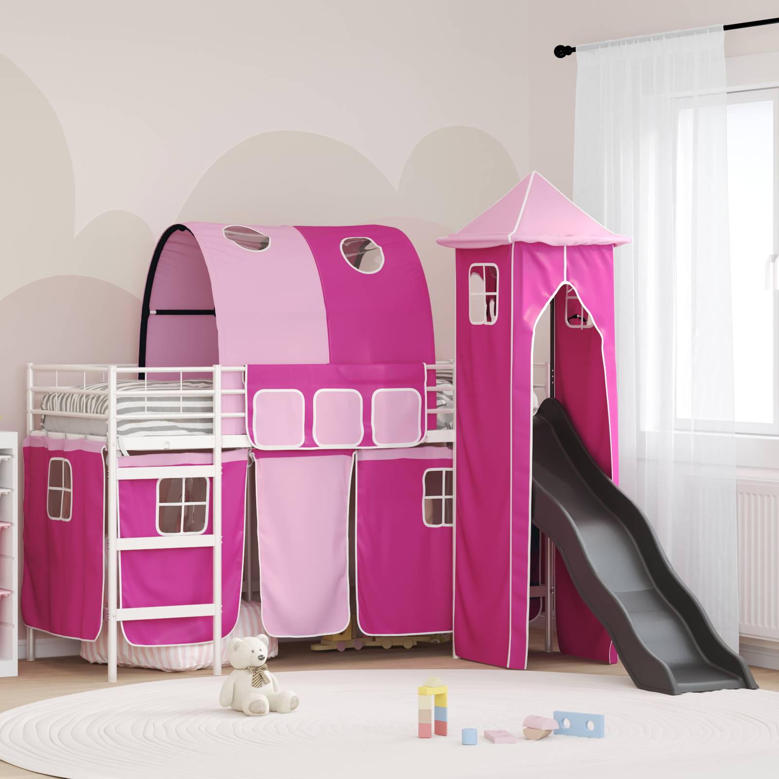 Barns loft sängram Enfärgad Vit och rosa 90 x 190 cm Metall
